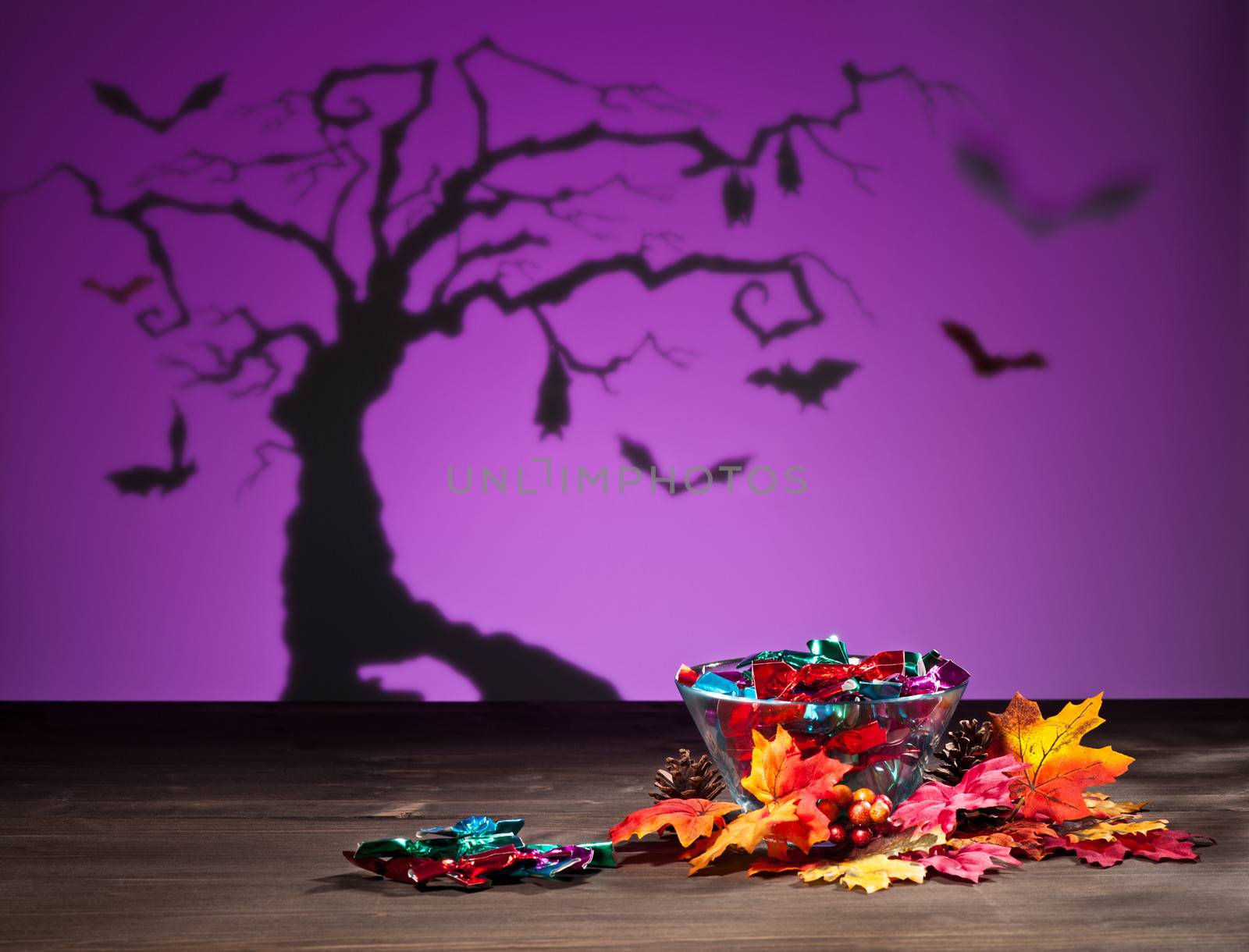 Halloween tree bats sweets and golden leafs 