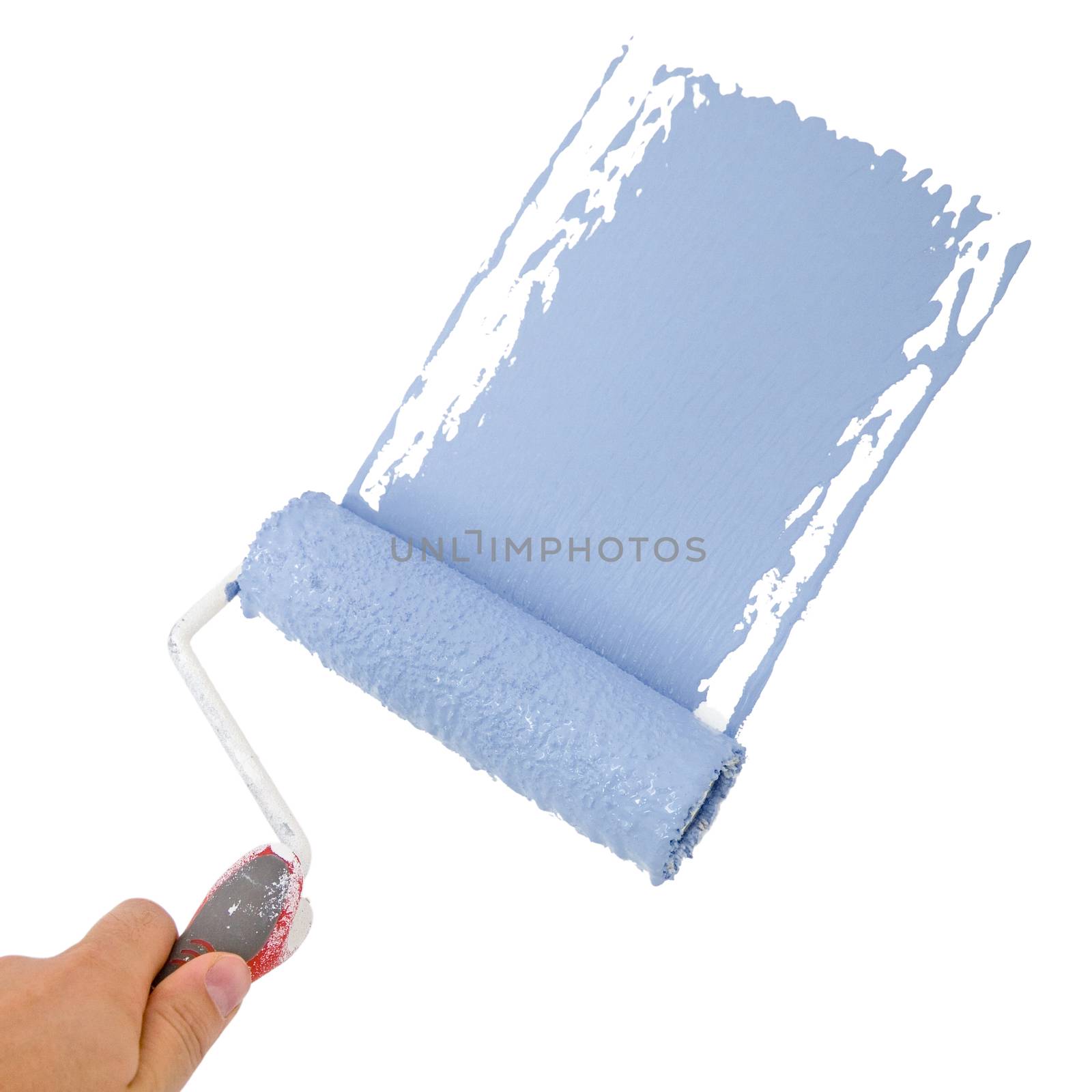 Painter holding a roller, painting in blue