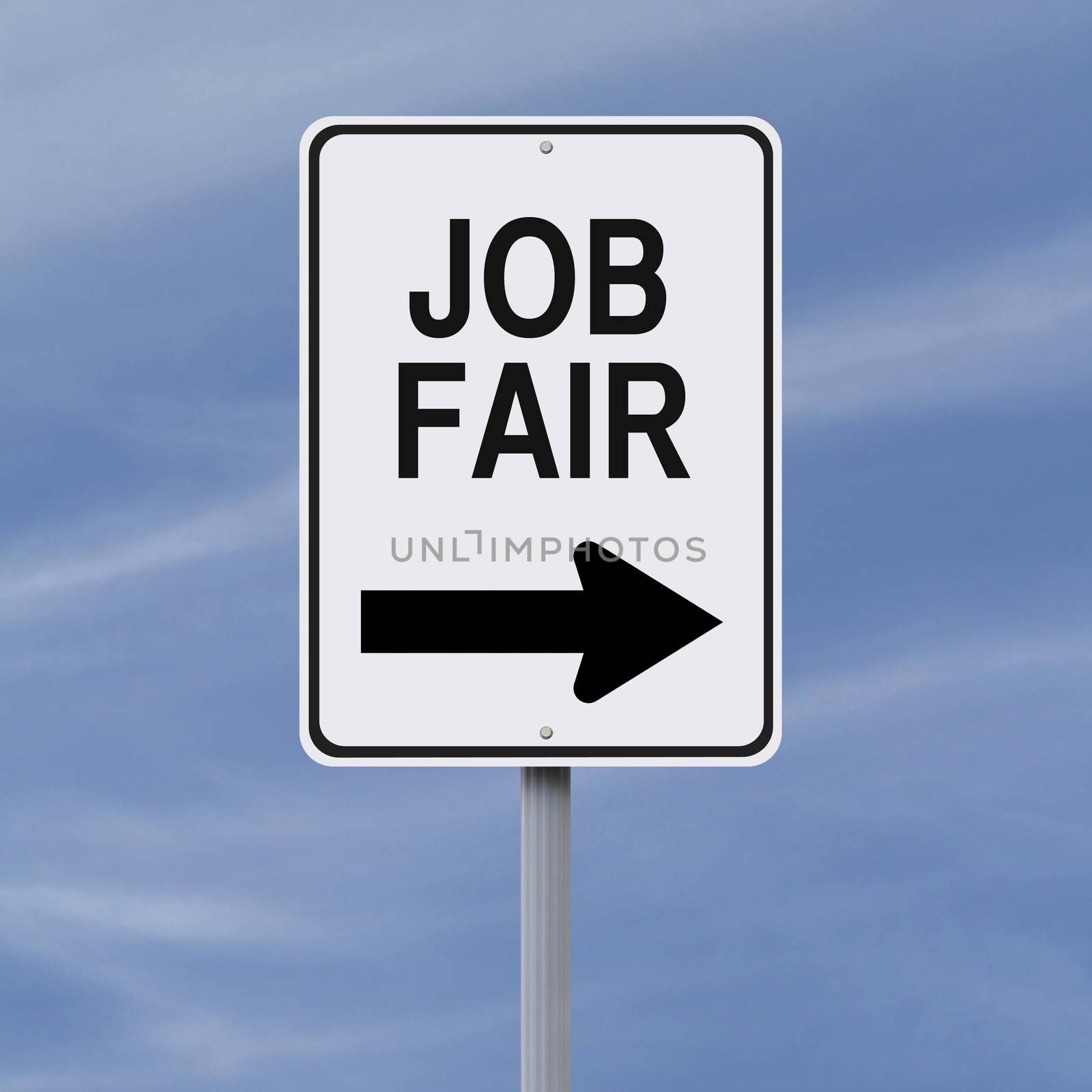 A modified one way sign pointing to a Job Fair