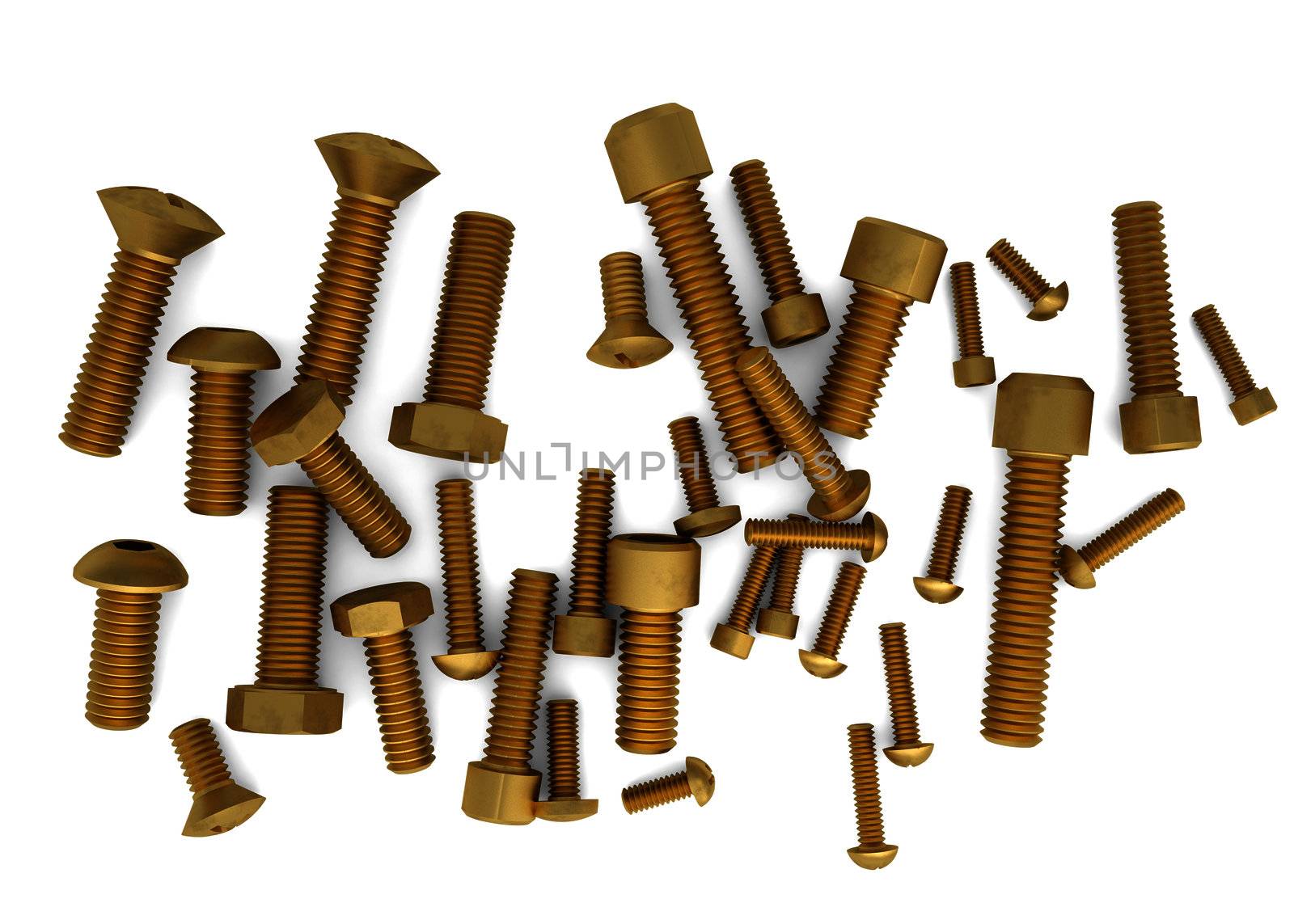 Brass bolts. Isolated render on a white background