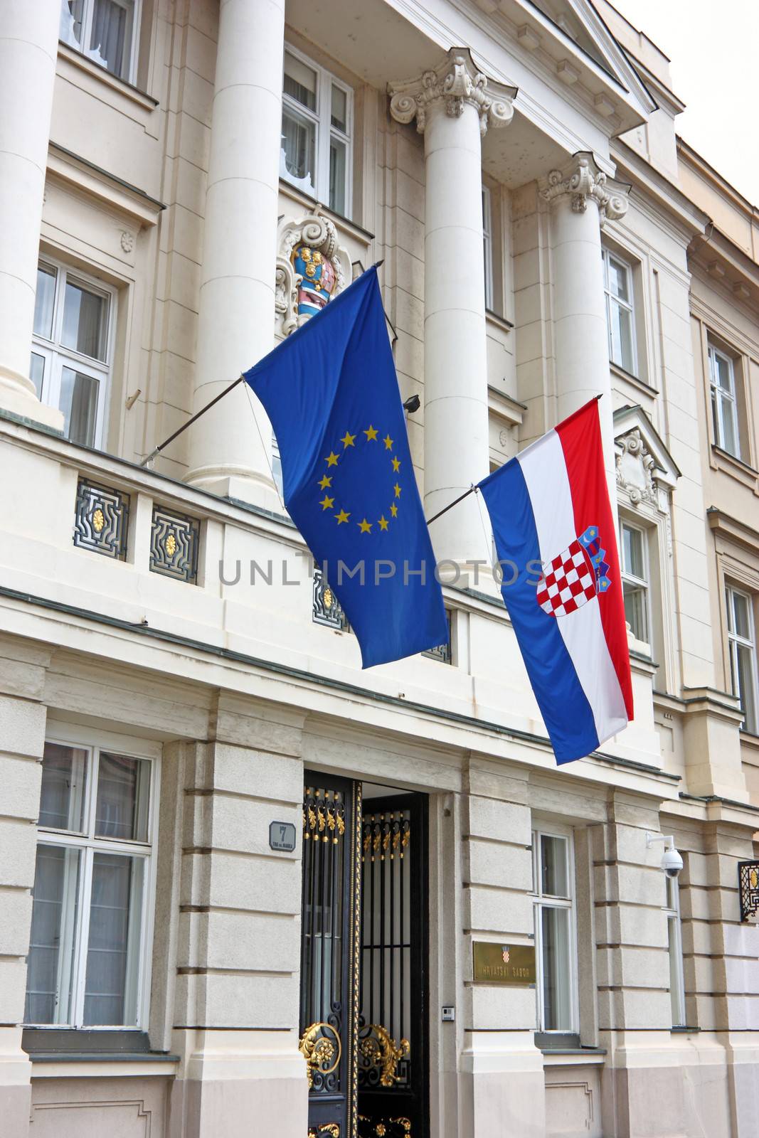 Entrance to the Croatian Parliament with Flags of European Union and Croatia