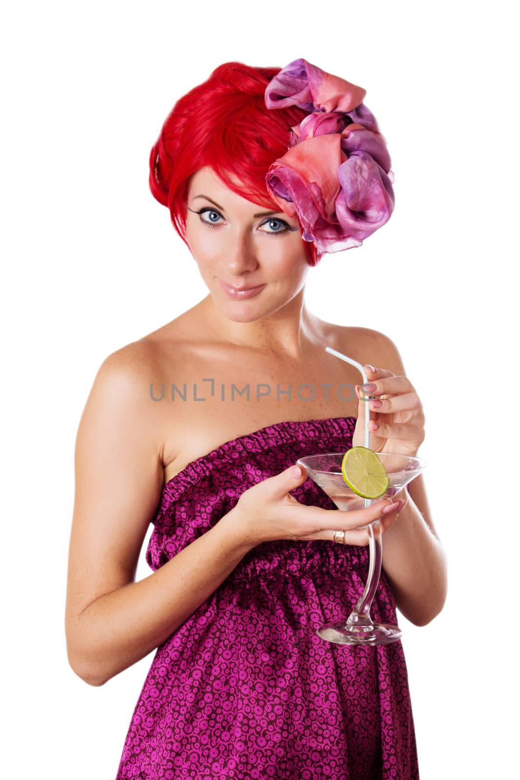 Glamorous woman with cocktail isolated on white