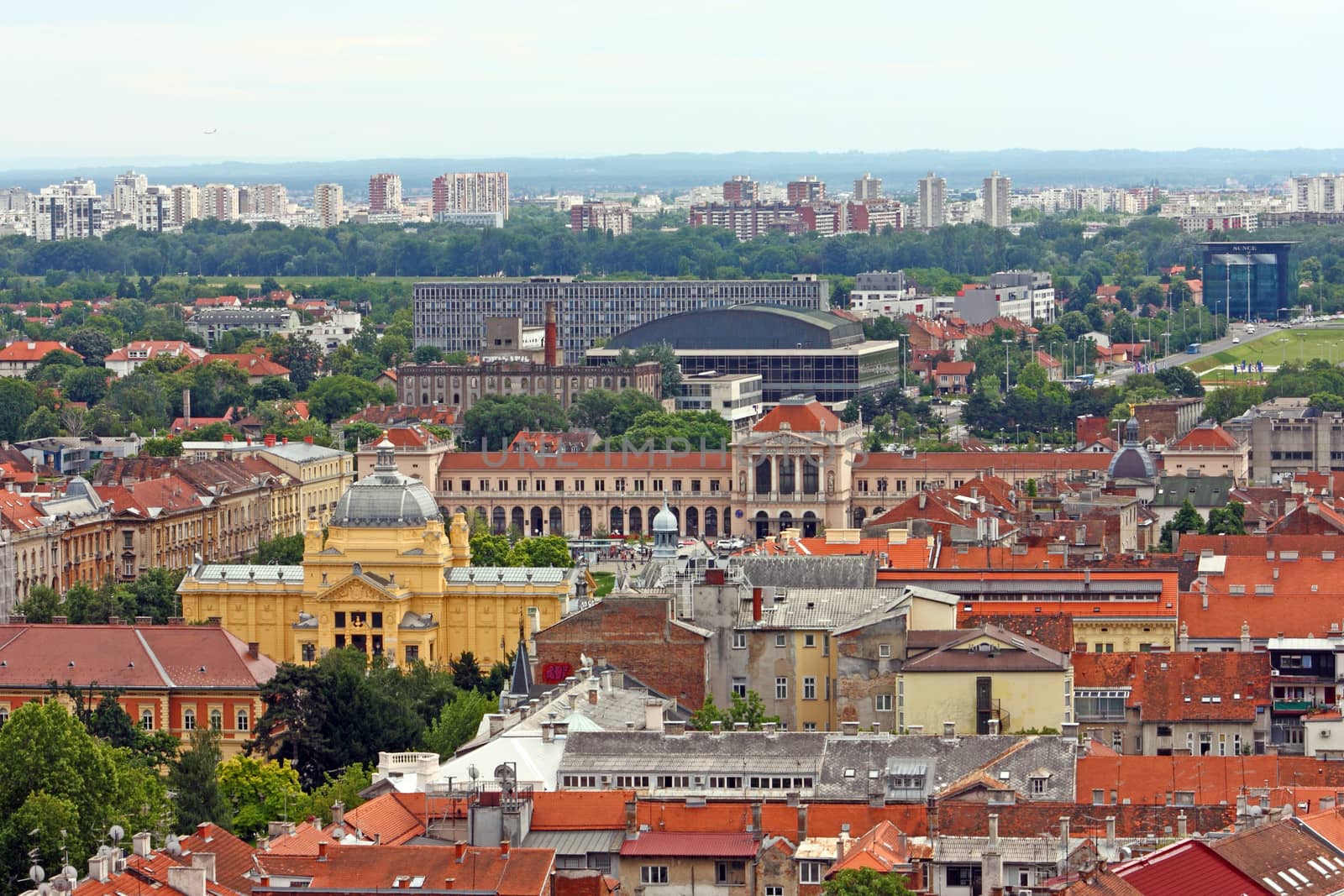 Cityscape of Zagreb with Buildings of Art Pavilion, Central Station and Vatroslav Lisinski Concert Hall, Croatia