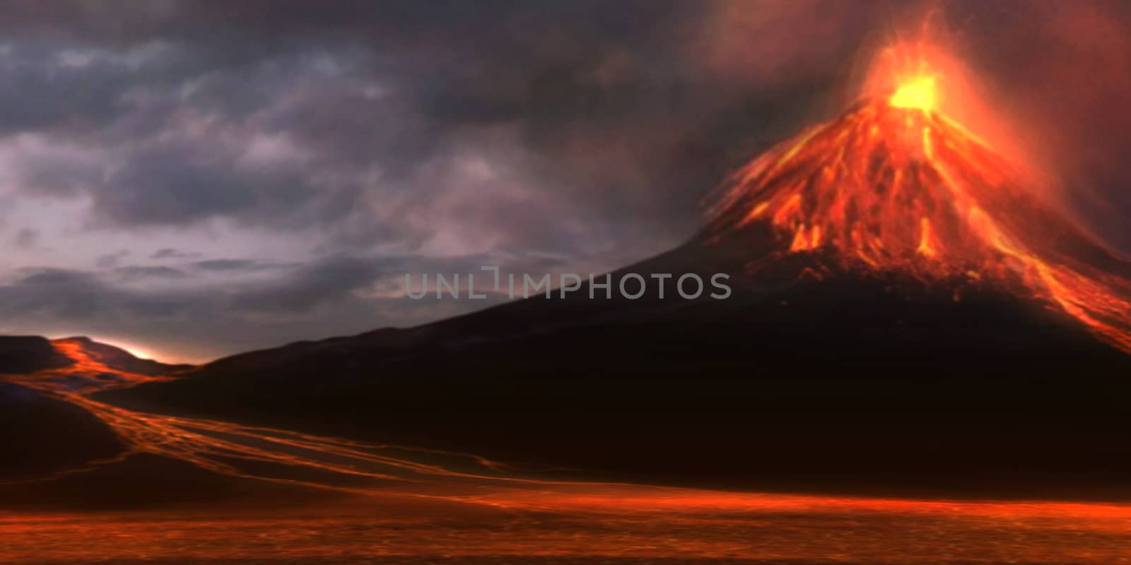 Red hot lava flows down a mountain as a volcano explodes in fire and smoke.