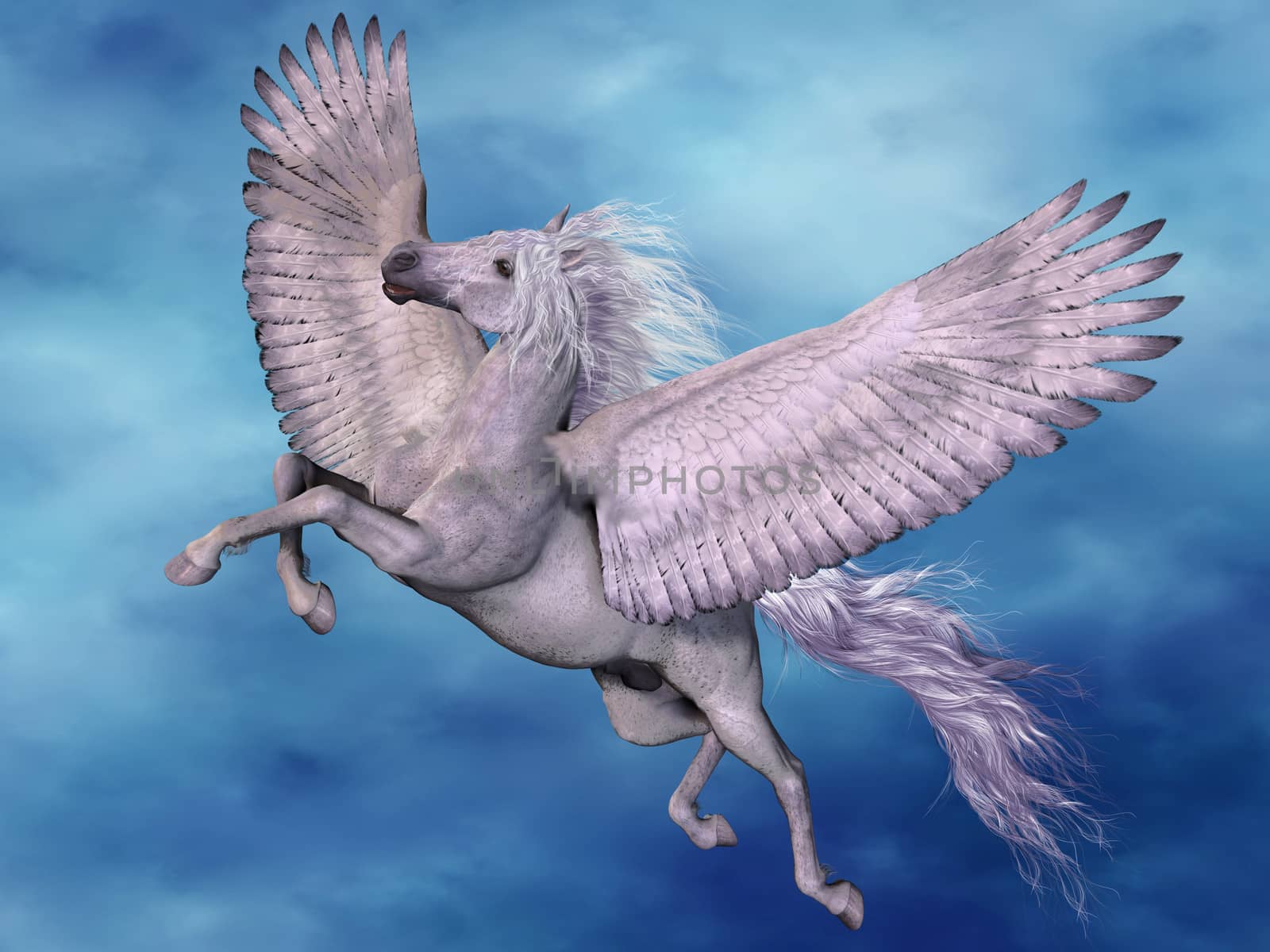 A white Pegasus flies on beautiful white wings through the heavens.