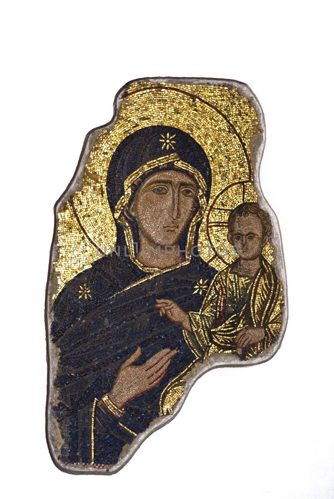 PALERMO - JANUARY 03: Fragment in the mosaic of the Madonna with child by a Byzantine master. early fourteenth century, sec.XIV, preserved in the Abatellis palace. January 03, 2013 in Palermo, Sicily