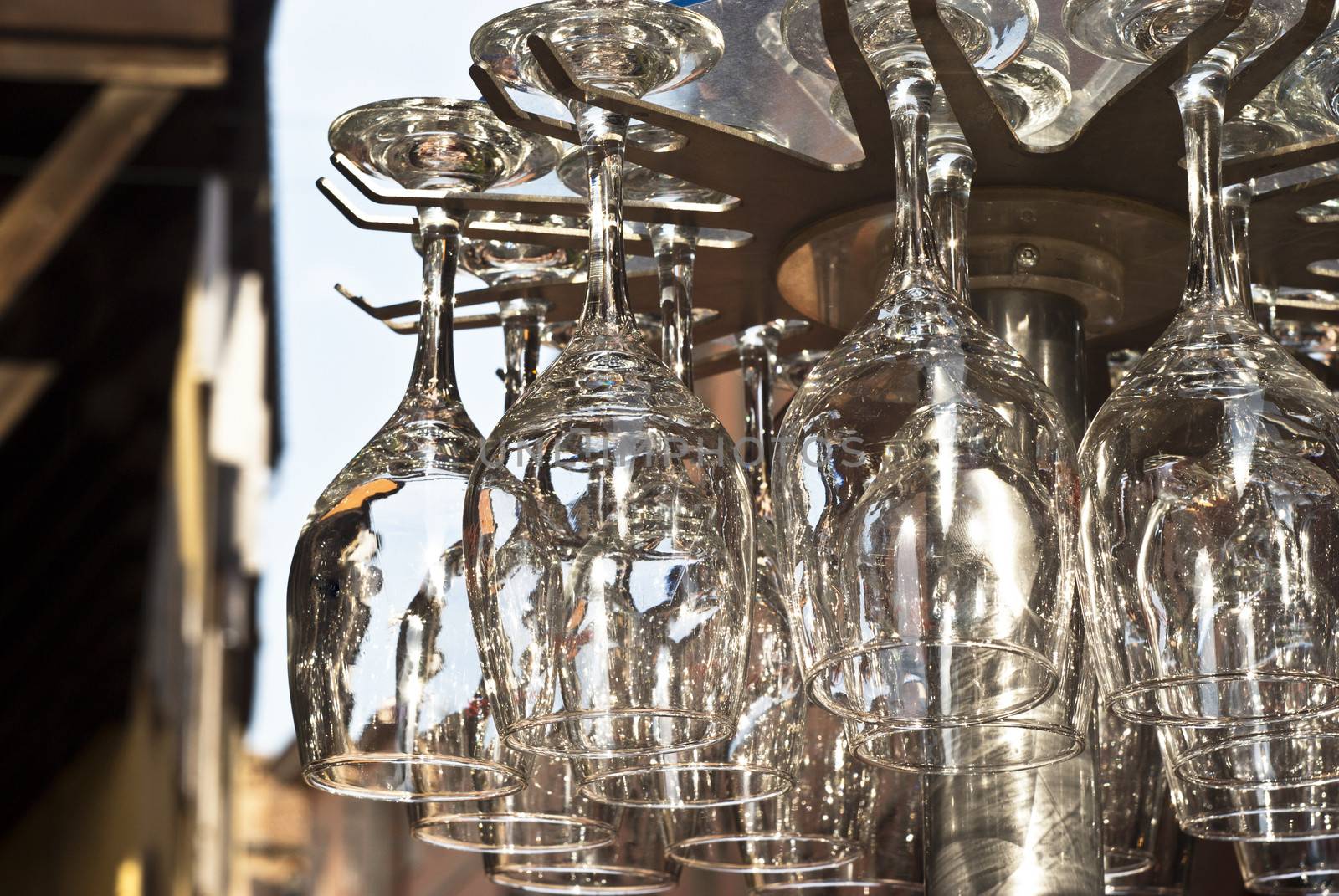 crystal wineglasses  near a luxurious bar