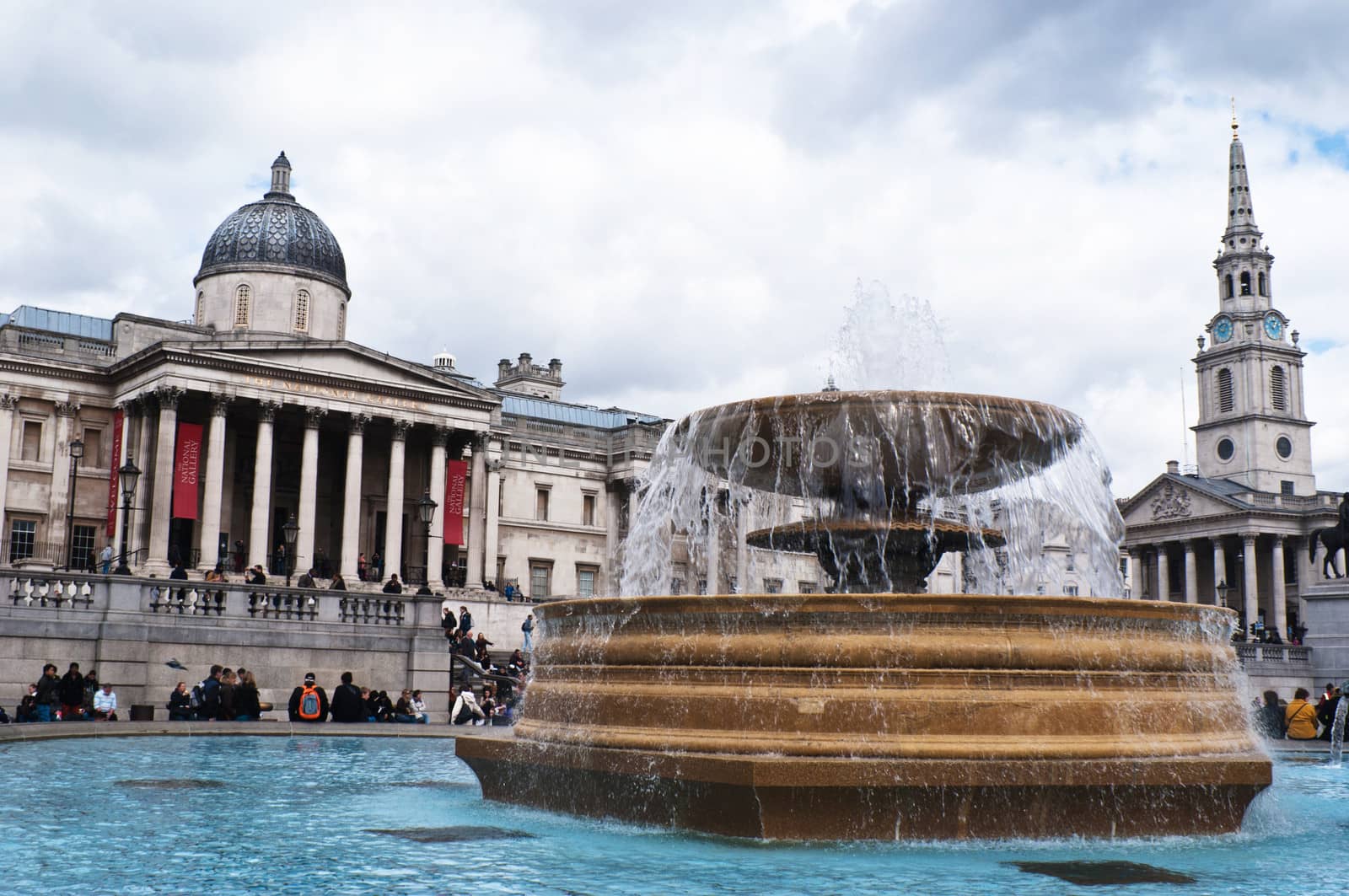 Trafalgar Square in London with National Gallery and fountains