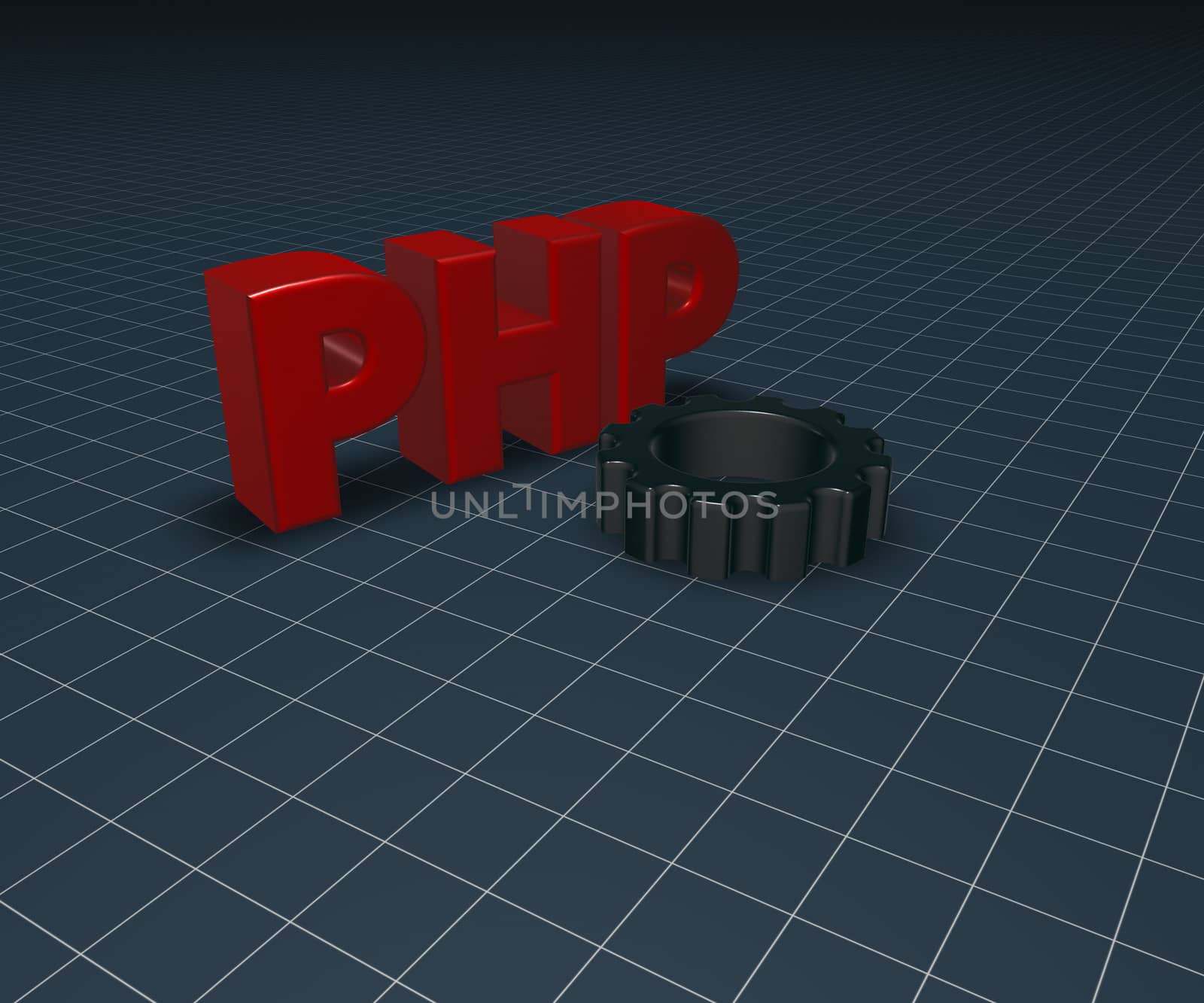 php tag and cogwheel on blue squared surface - 3d illustration