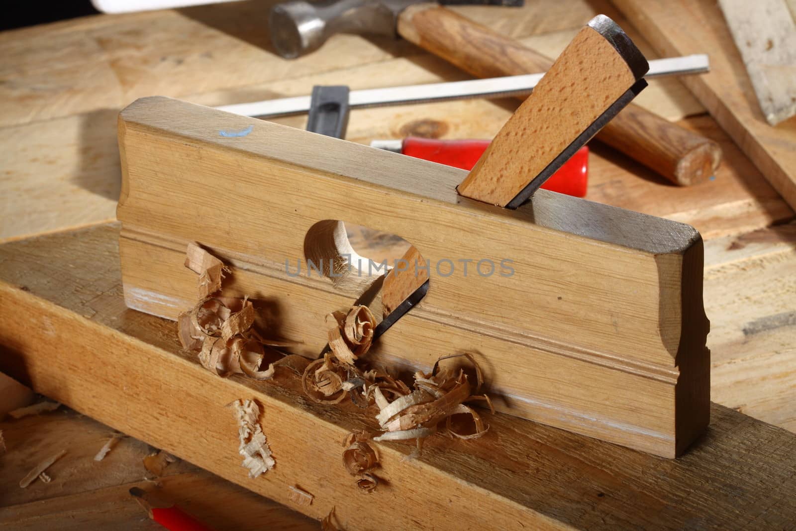 Planer, workplace, wood, carpentry, closeup