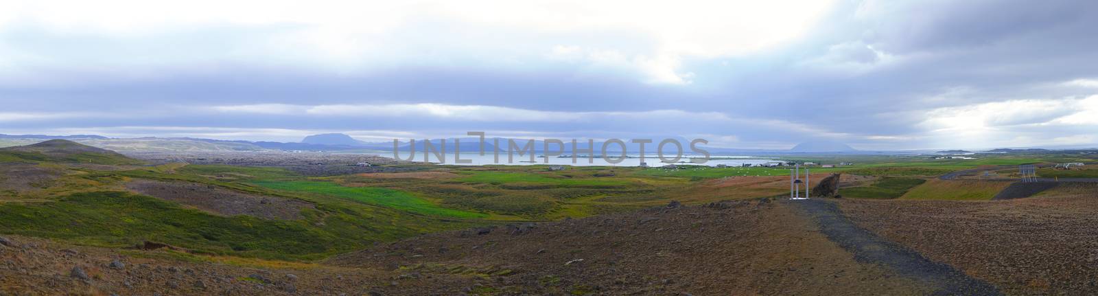 Iceland landscape at summer cloudy day. Mountain lake Myvatn. Panorama