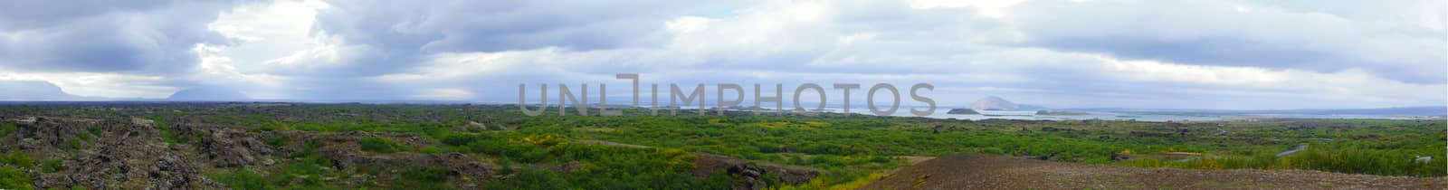 The Dimmuborgir area is composed of various volcanic caves and rock formations, Iceland. Panorama