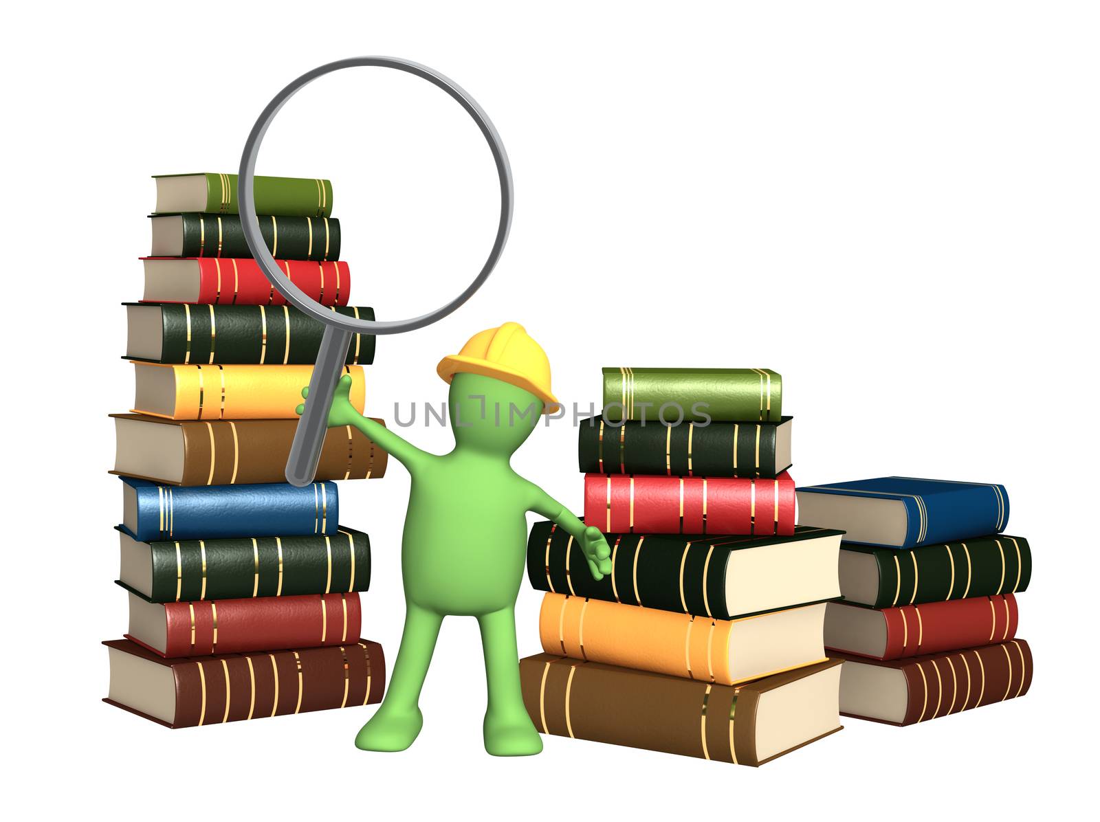 Puppet with loupe and books. Isolated over white