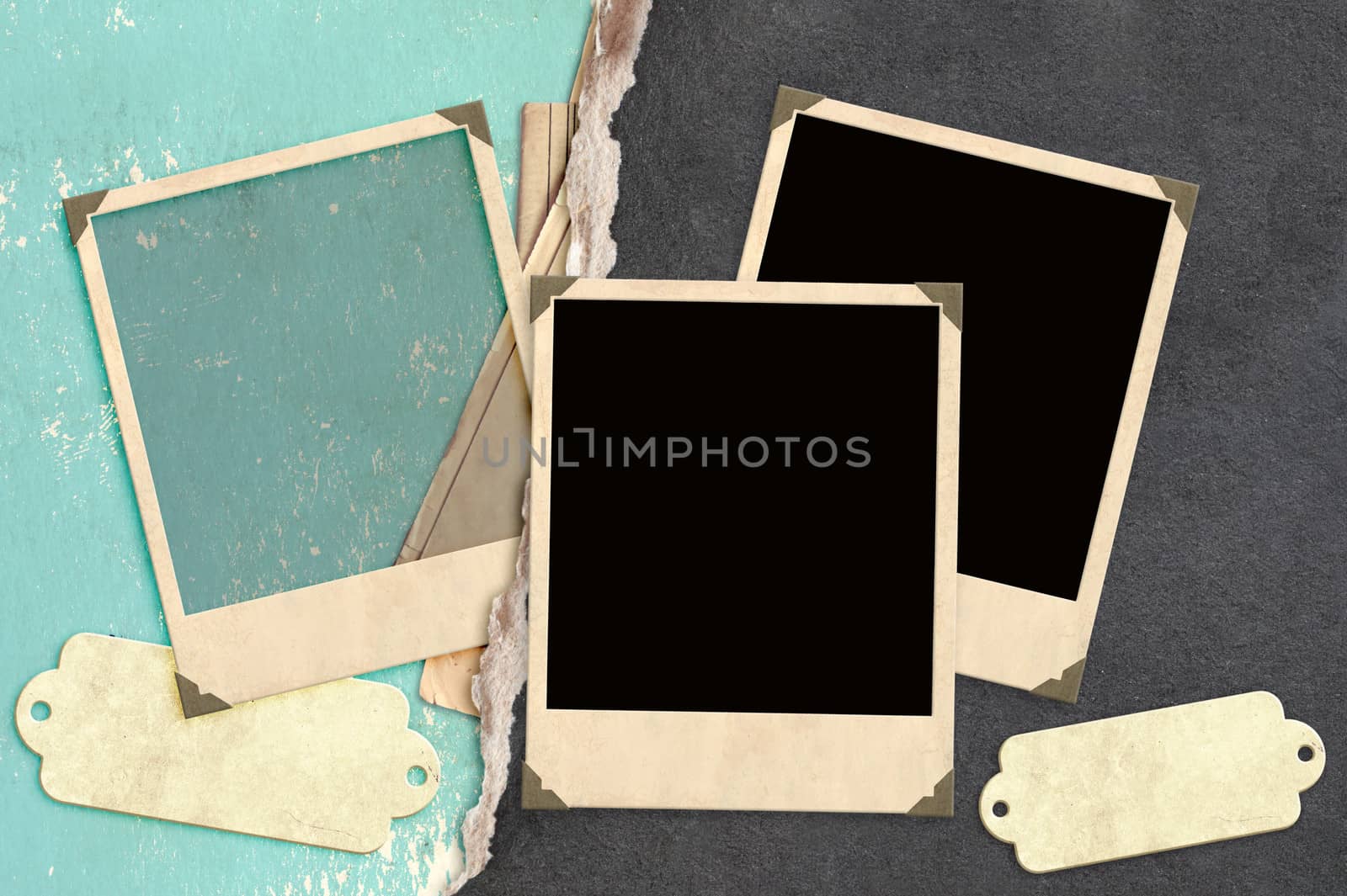 Grunge background with old photos and label