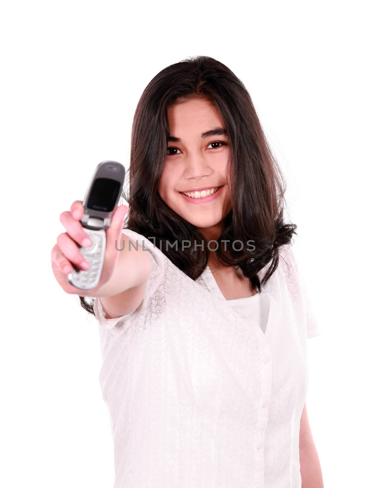 Biracial teen girl holding out cellphone by jarenwicklund
