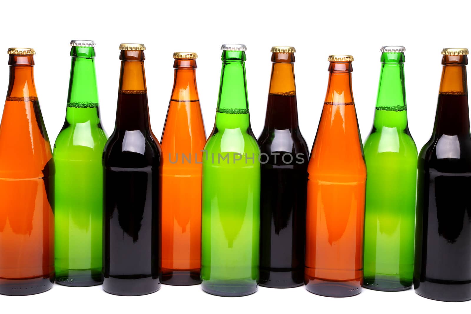 A row of six beer bottles on a white background with a reflection.
