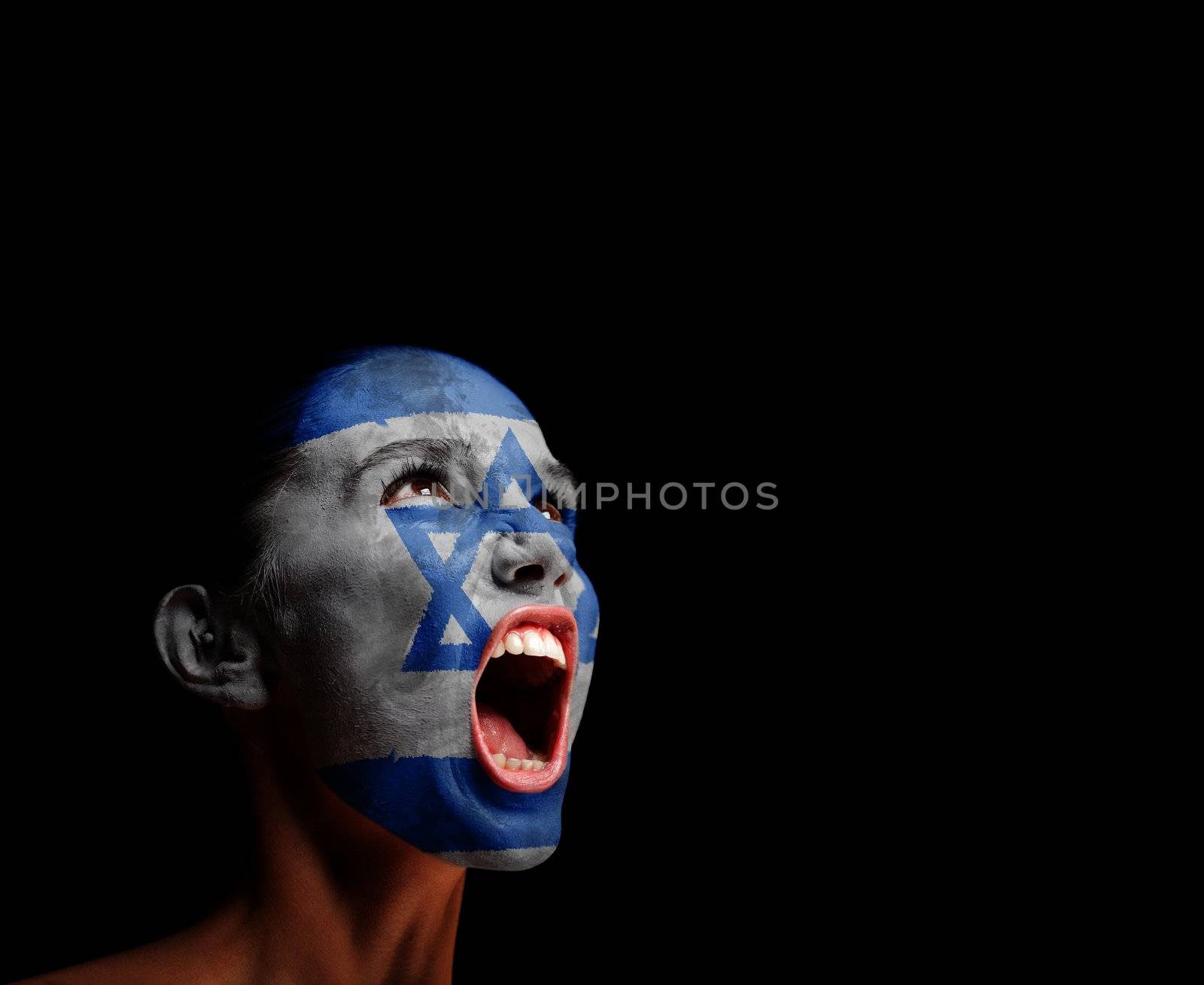 The Israeli flag on the face of a screaming woman. concept