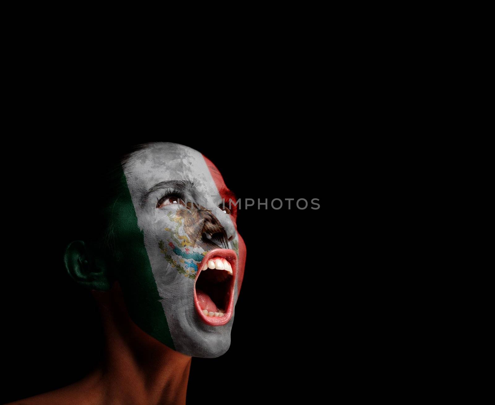 The Mexican flag on the face of a screaming woman. concept