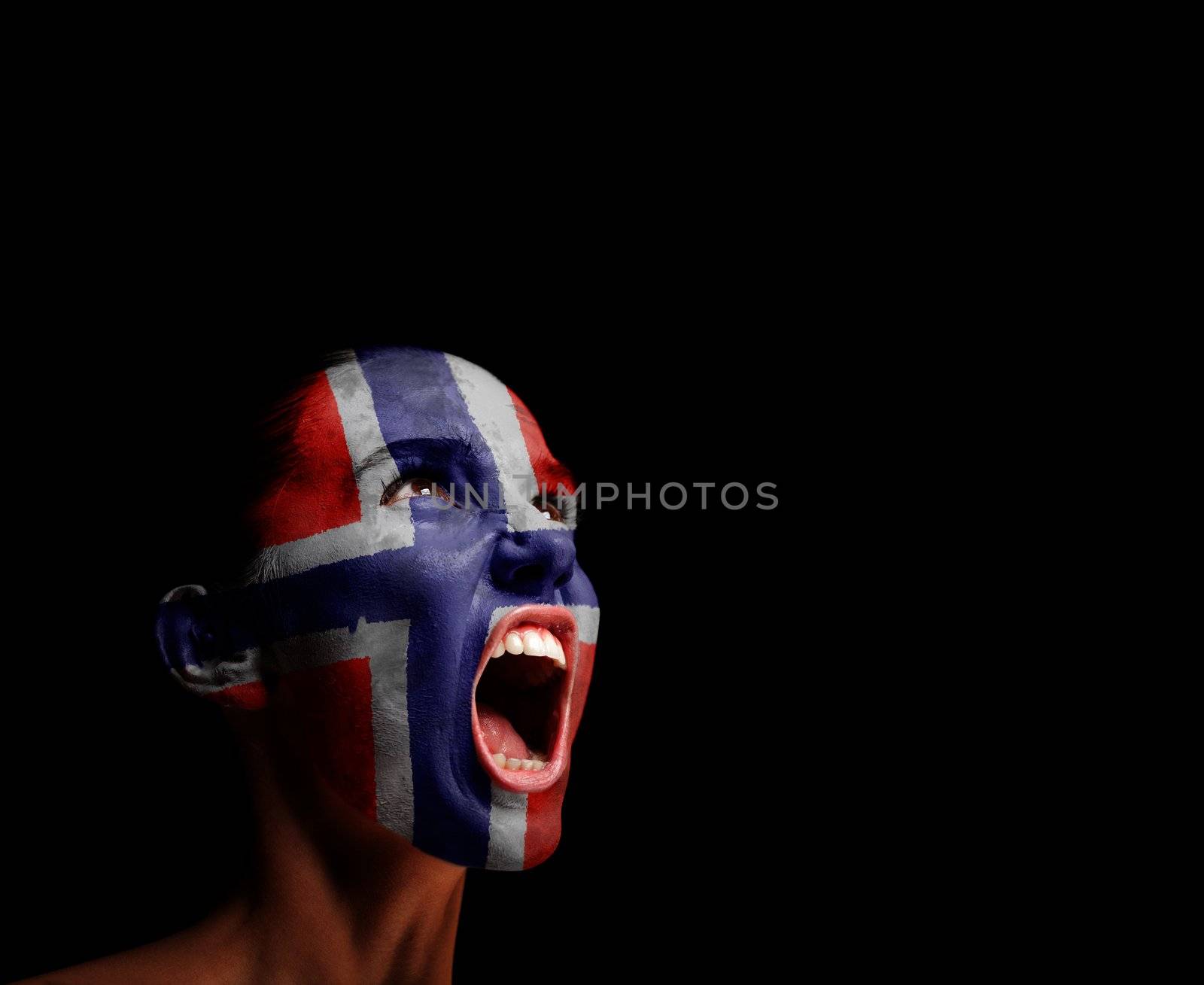 The Norwegian flag on the face of a screaming woman. concept