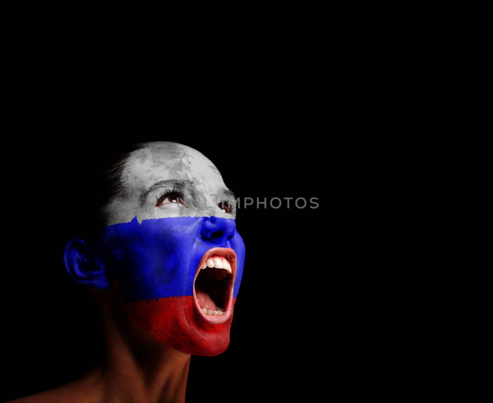 The Russian flag on the face of a screaming woman. concept