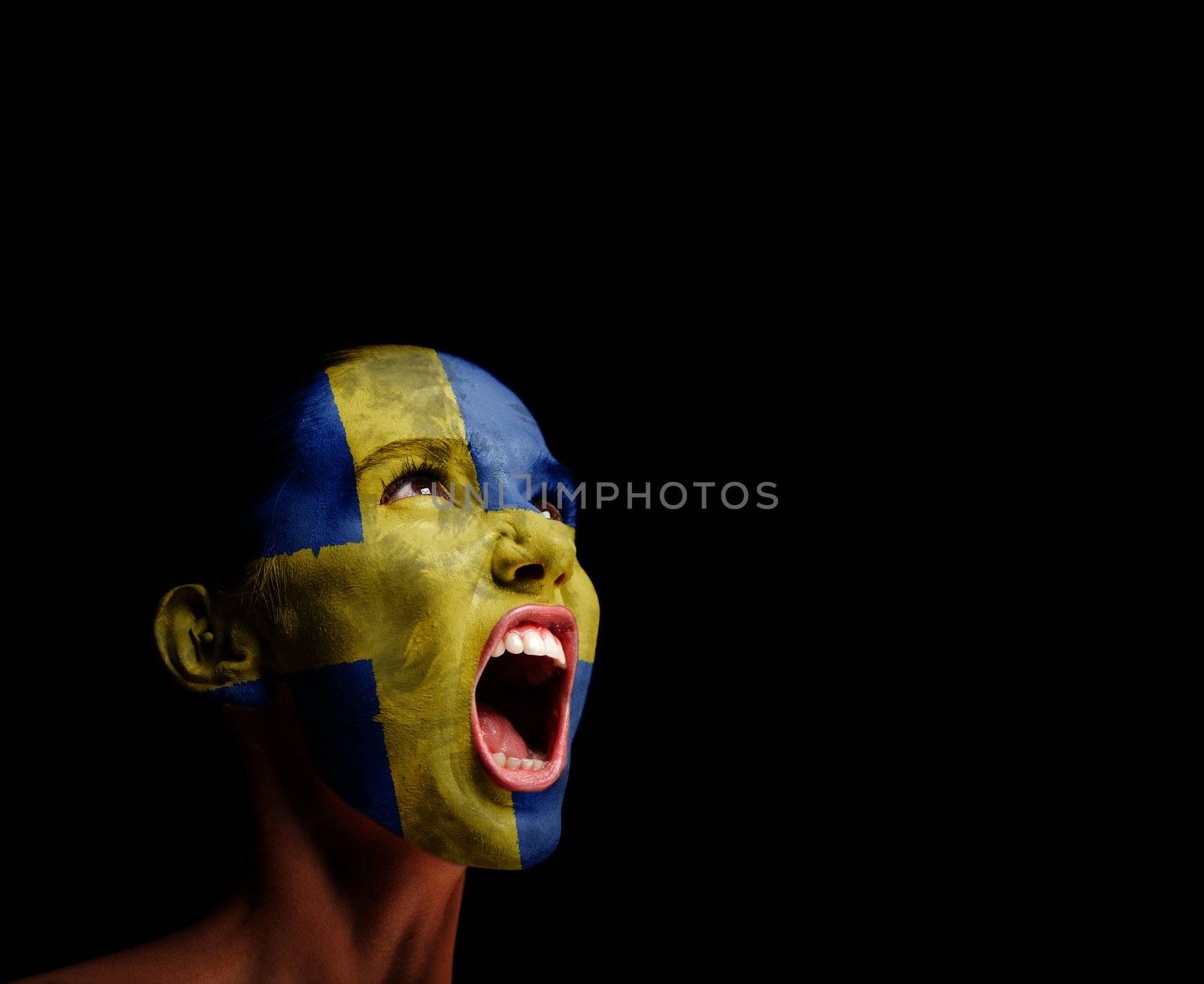 The Swedish flag on the face of a screaming woman. concept