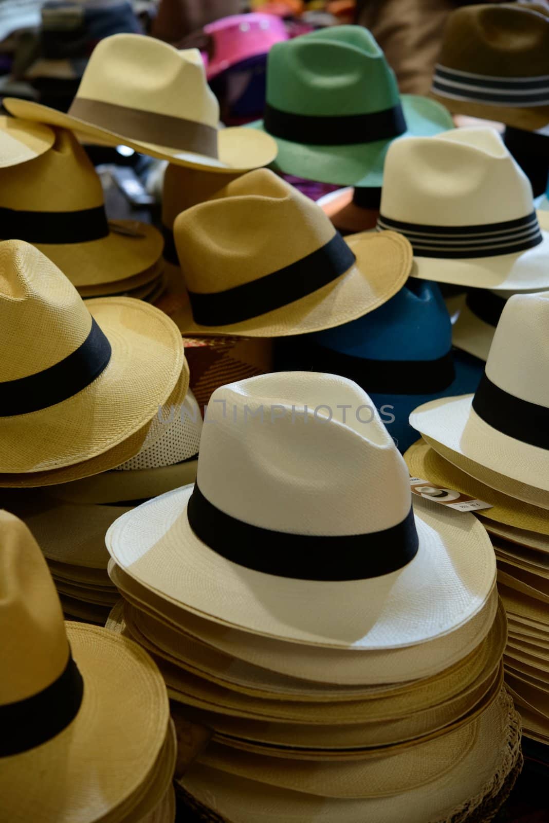 Set of different hats in a public market