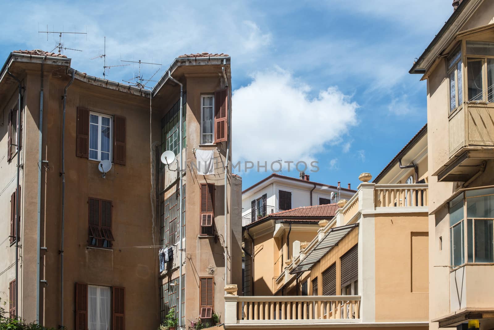 Typical Italian facades in the city of Imperia, in Liguria, Italy