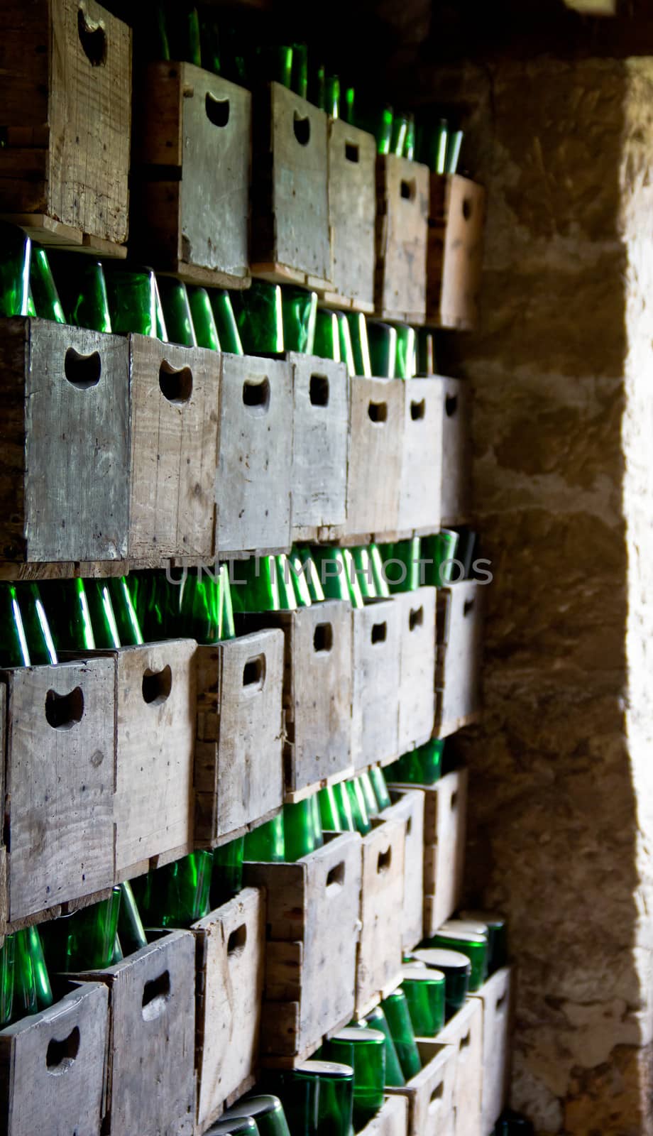 cider bottles in wooden boxes