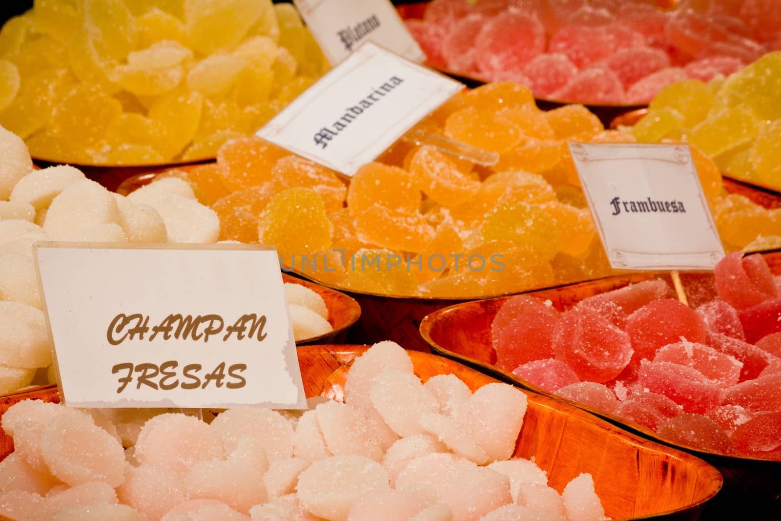 baskets of jellybeans in a market