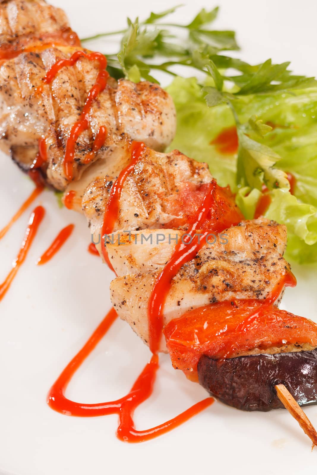 Chicken kebab with tomato sauce