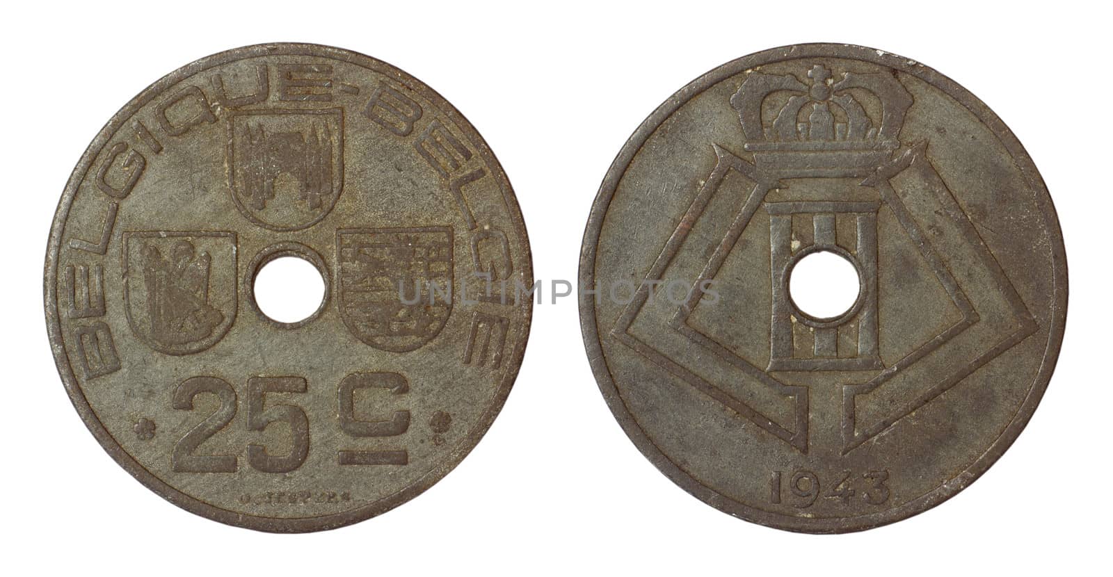 antique rare coin of belgium isolated on white background