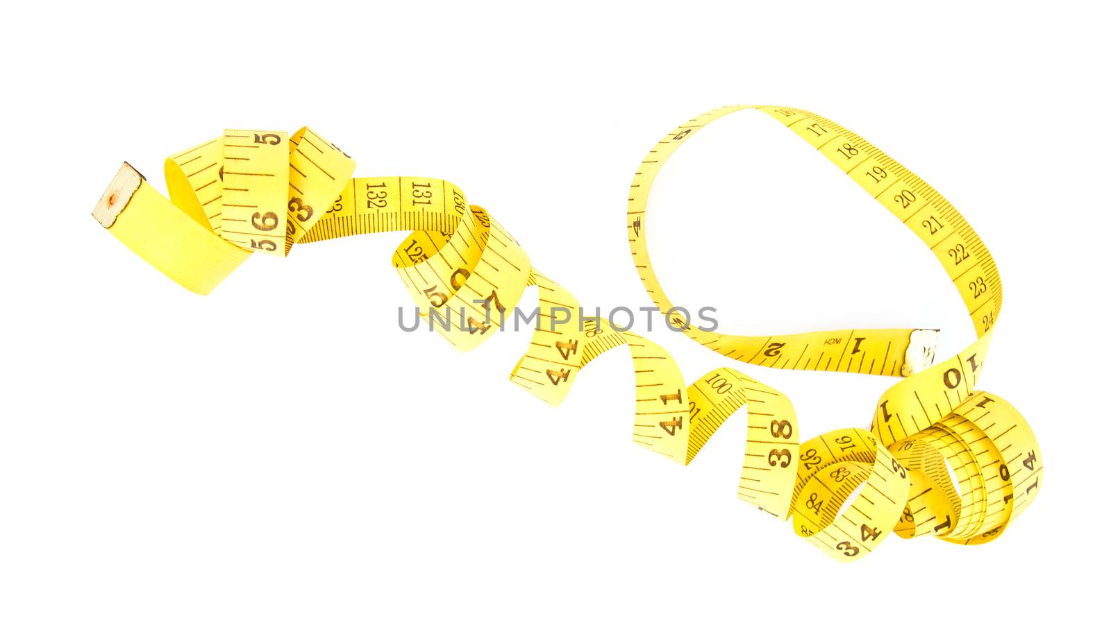 Yellow measure tape isolated on white background