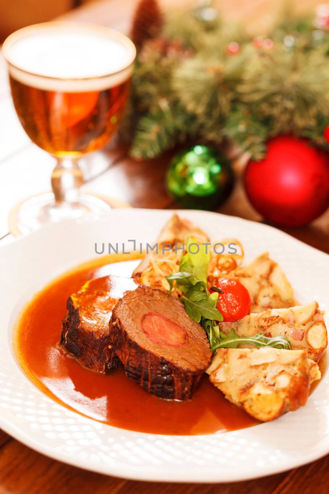 roasted meat on Christmas table