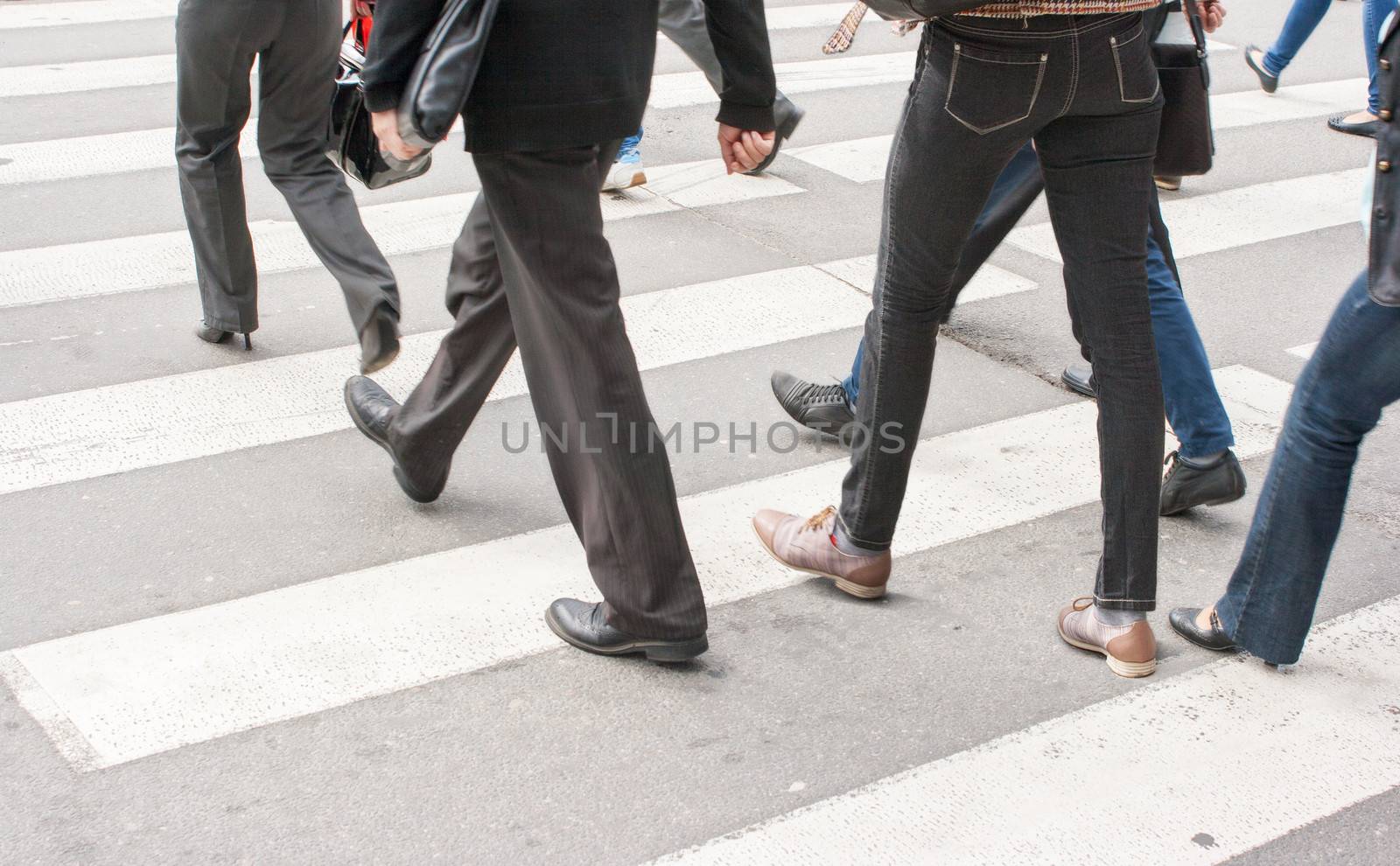 legs of pedestrians in a crosswalk on summer day