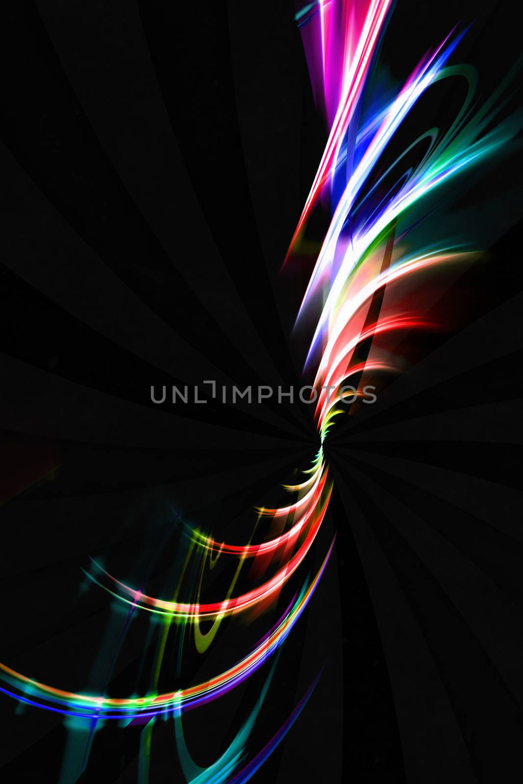 Abstract spiraling rainbow fractal design isolated over a black background.