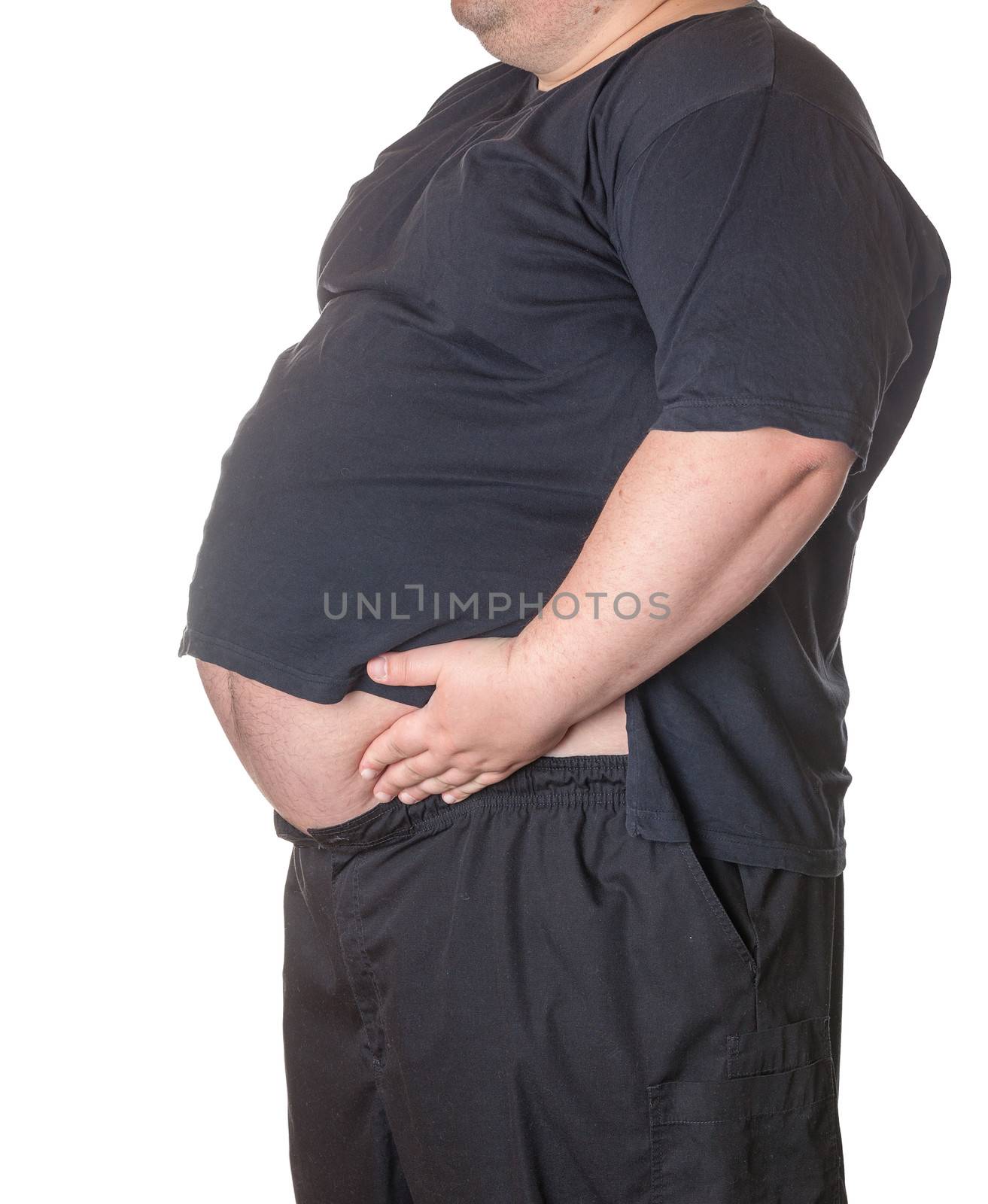 Fat man with a big belly, close-up part of the body