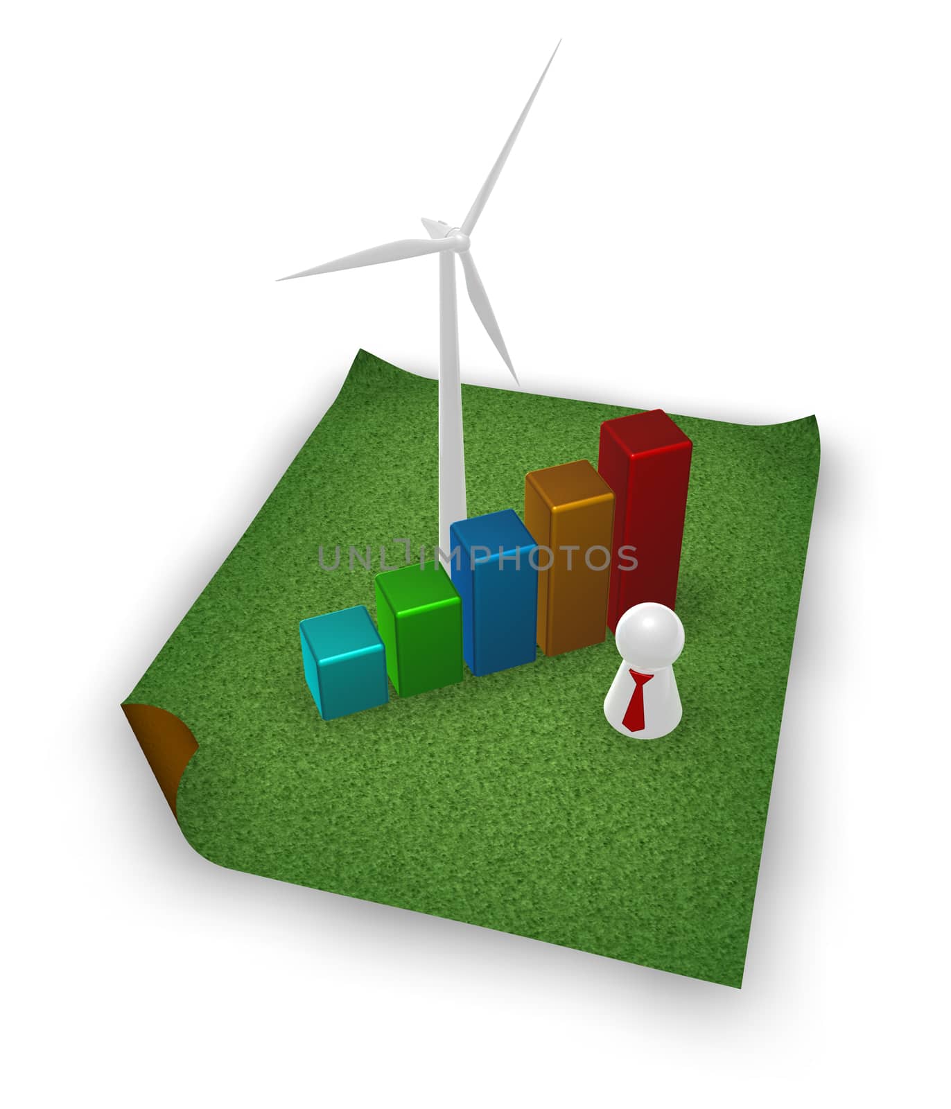 wind turbine and business graph on grass isle - 3d illustration