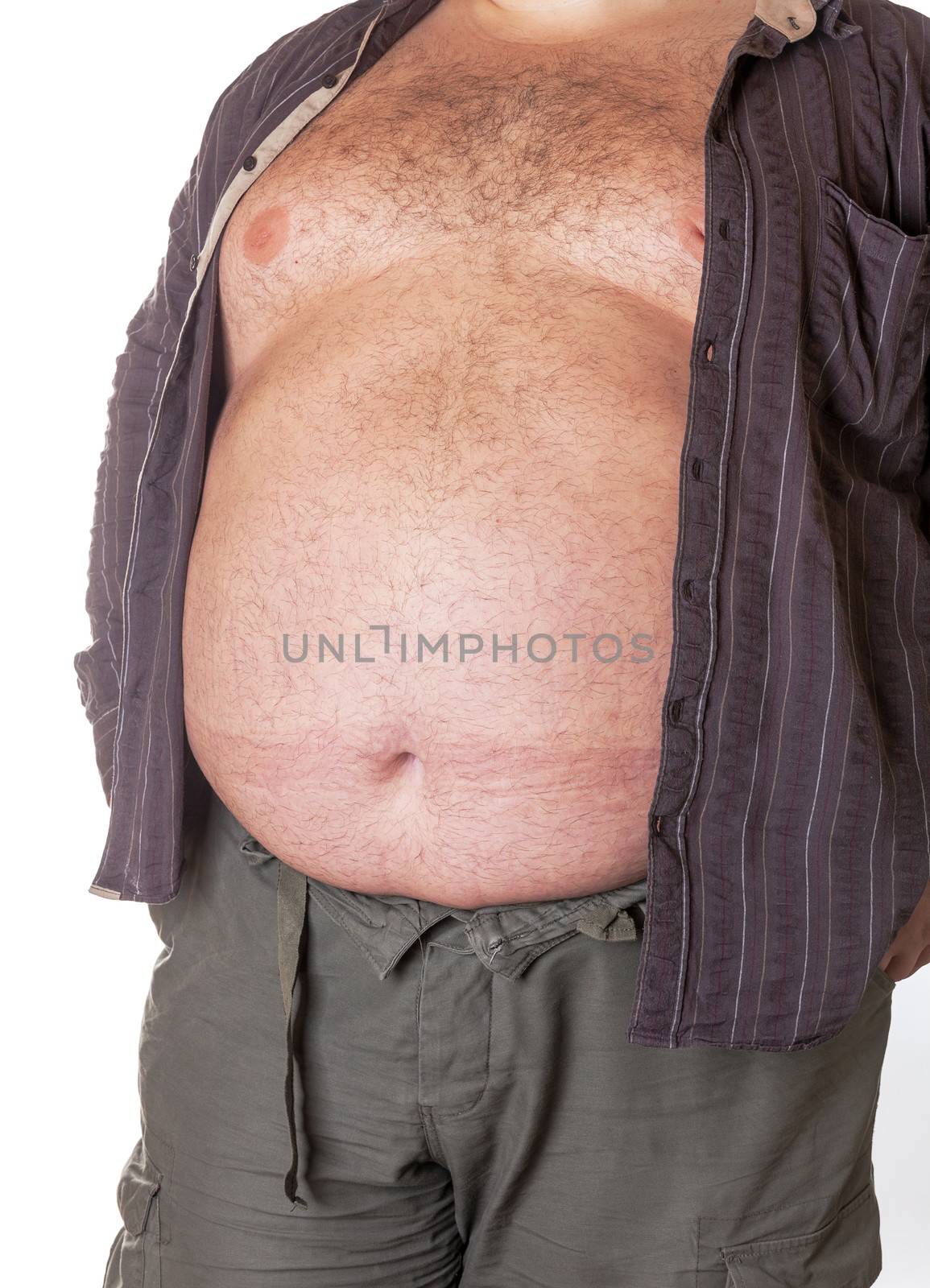 Fat man with a big belly, close-up part of the body