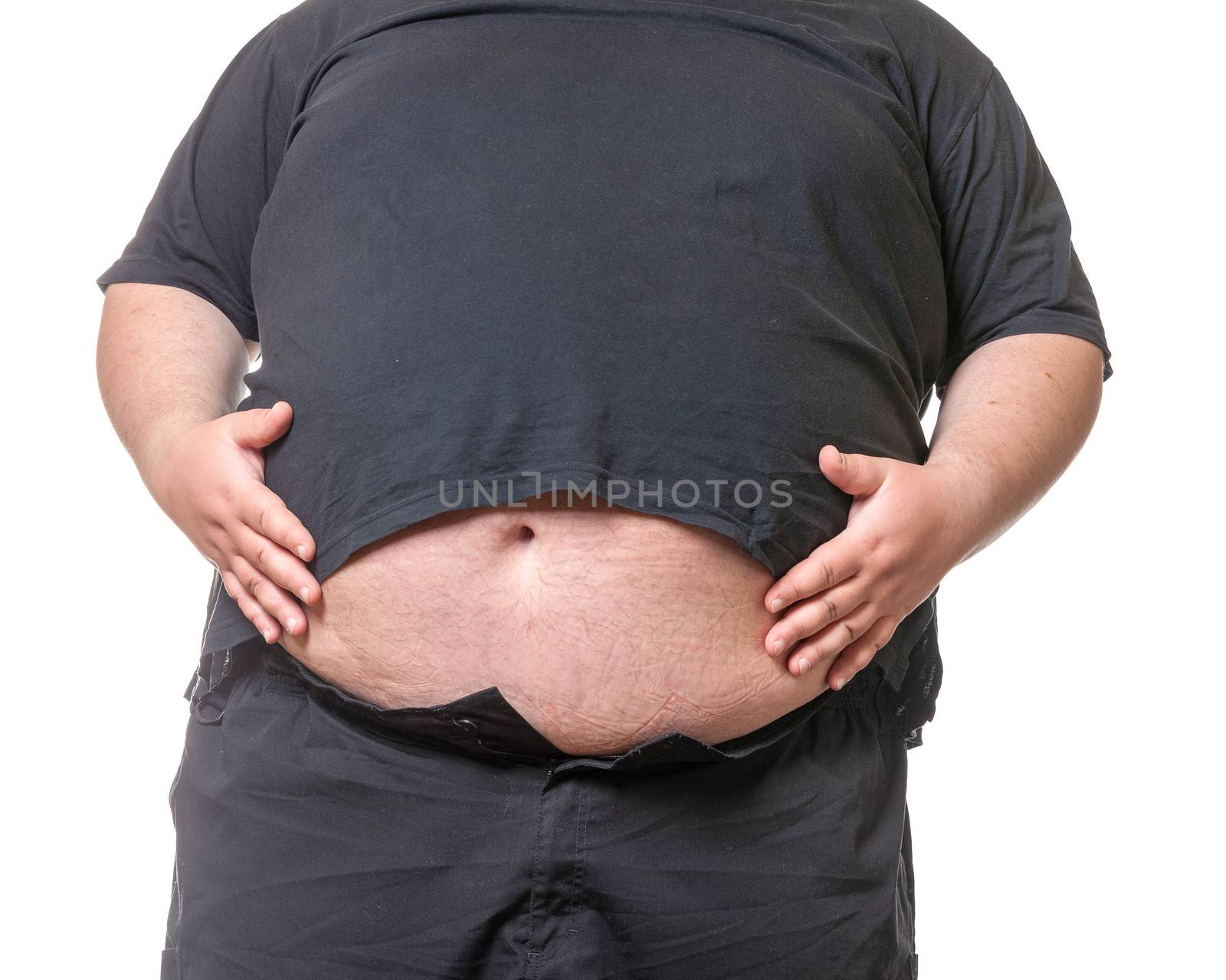 Fat man with a big belly, close-up part of the body