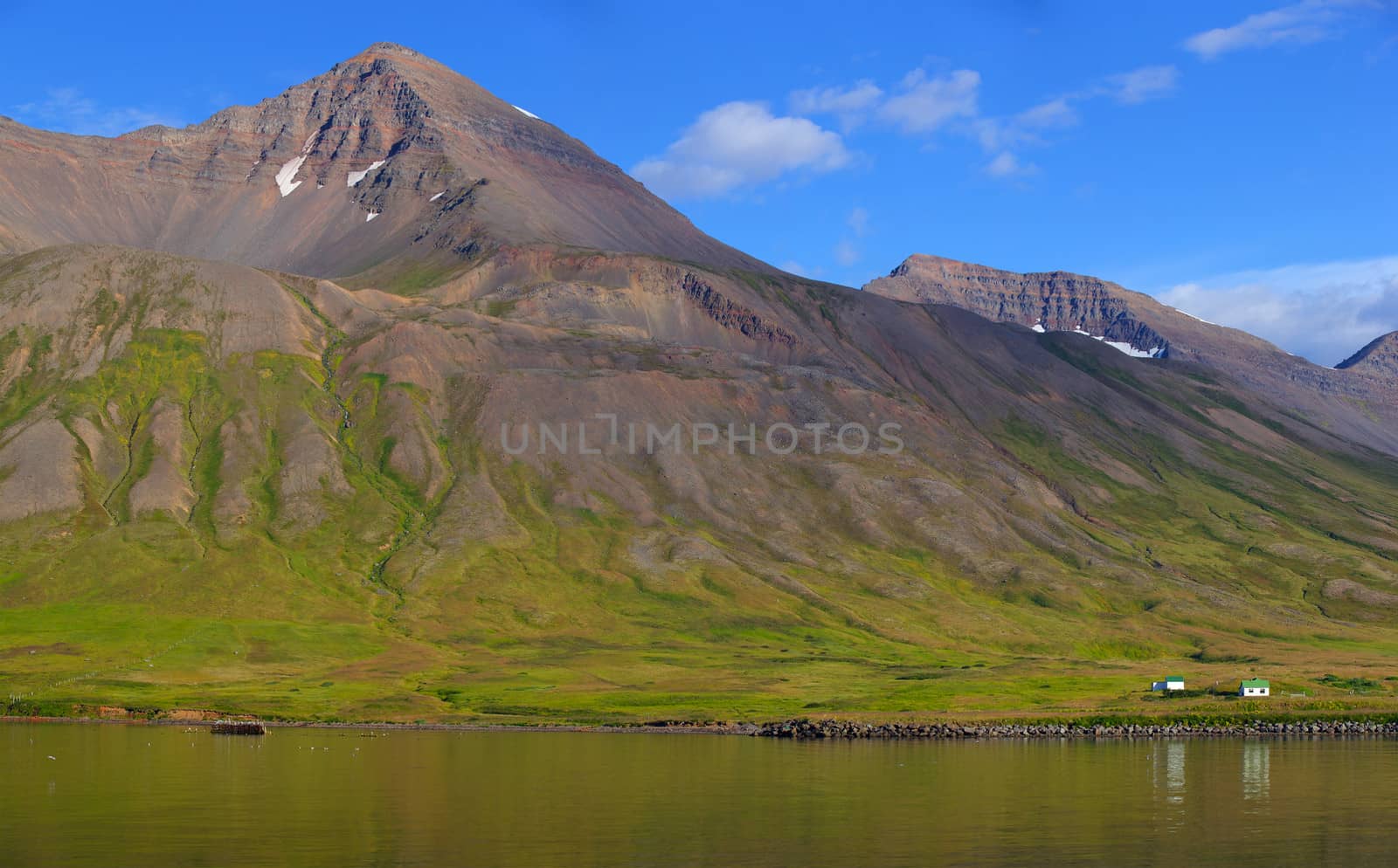 Iceland summer landscape. Fjord, house, mountains. Panorama.