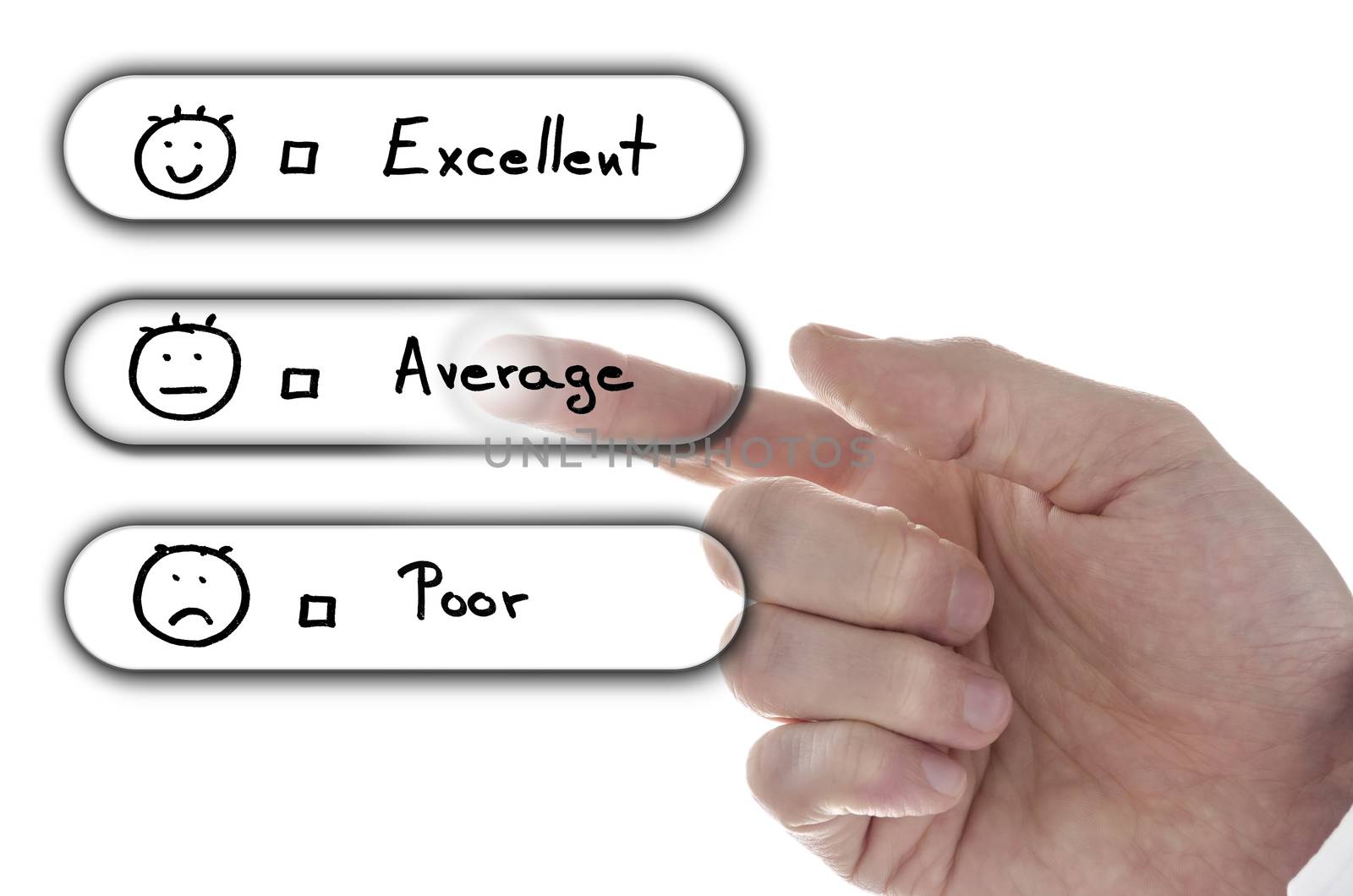 Male hand choosing average on customer satisfaction form on virtual screen.