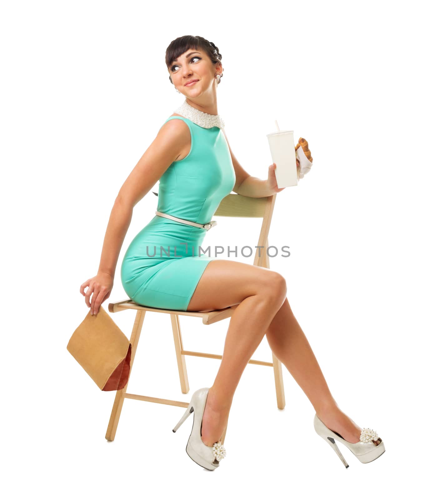 Glamorous girl with plastic cup and snacks sit on chair isolated