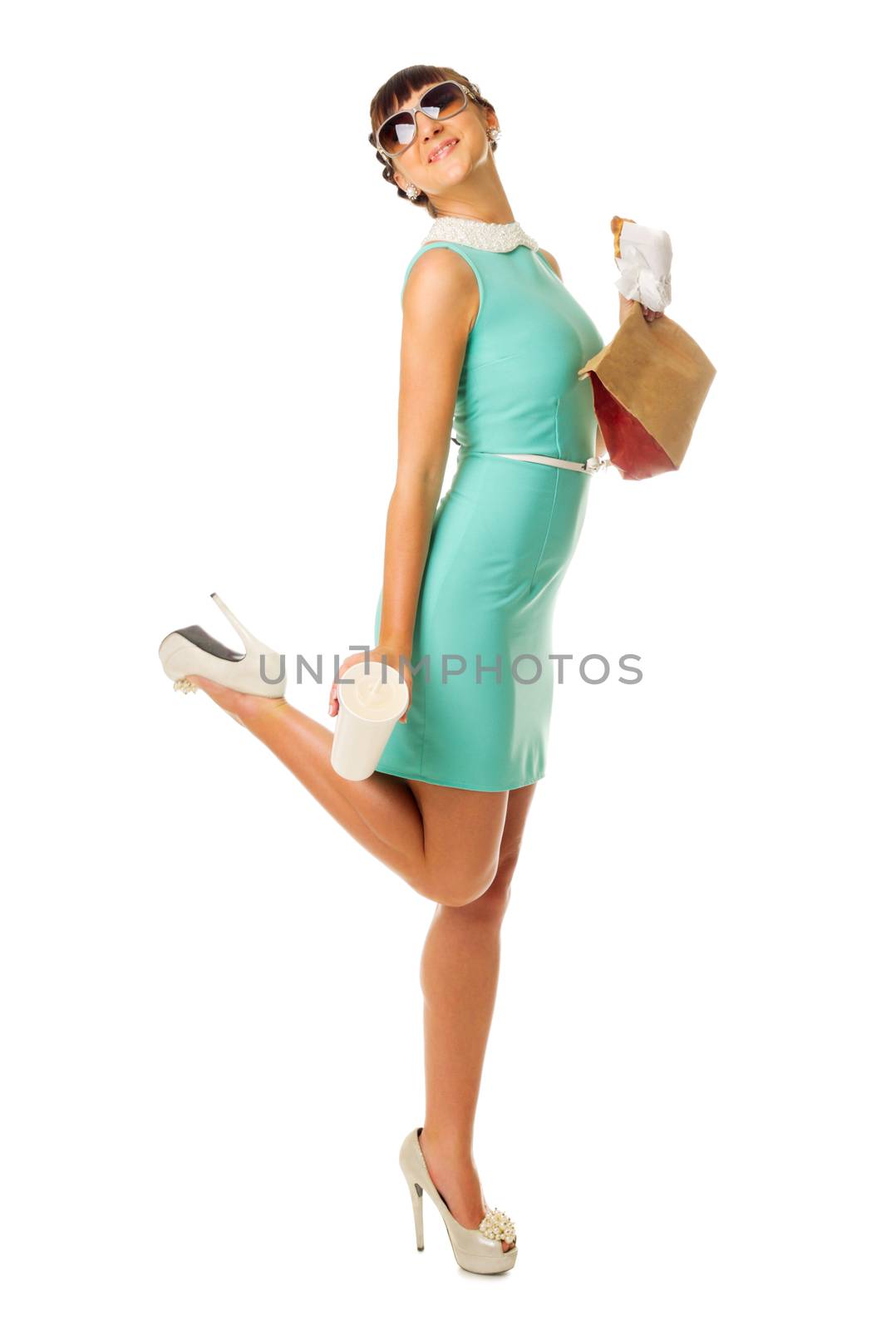 Glamorous girl in turquoise dress with snacks isolated