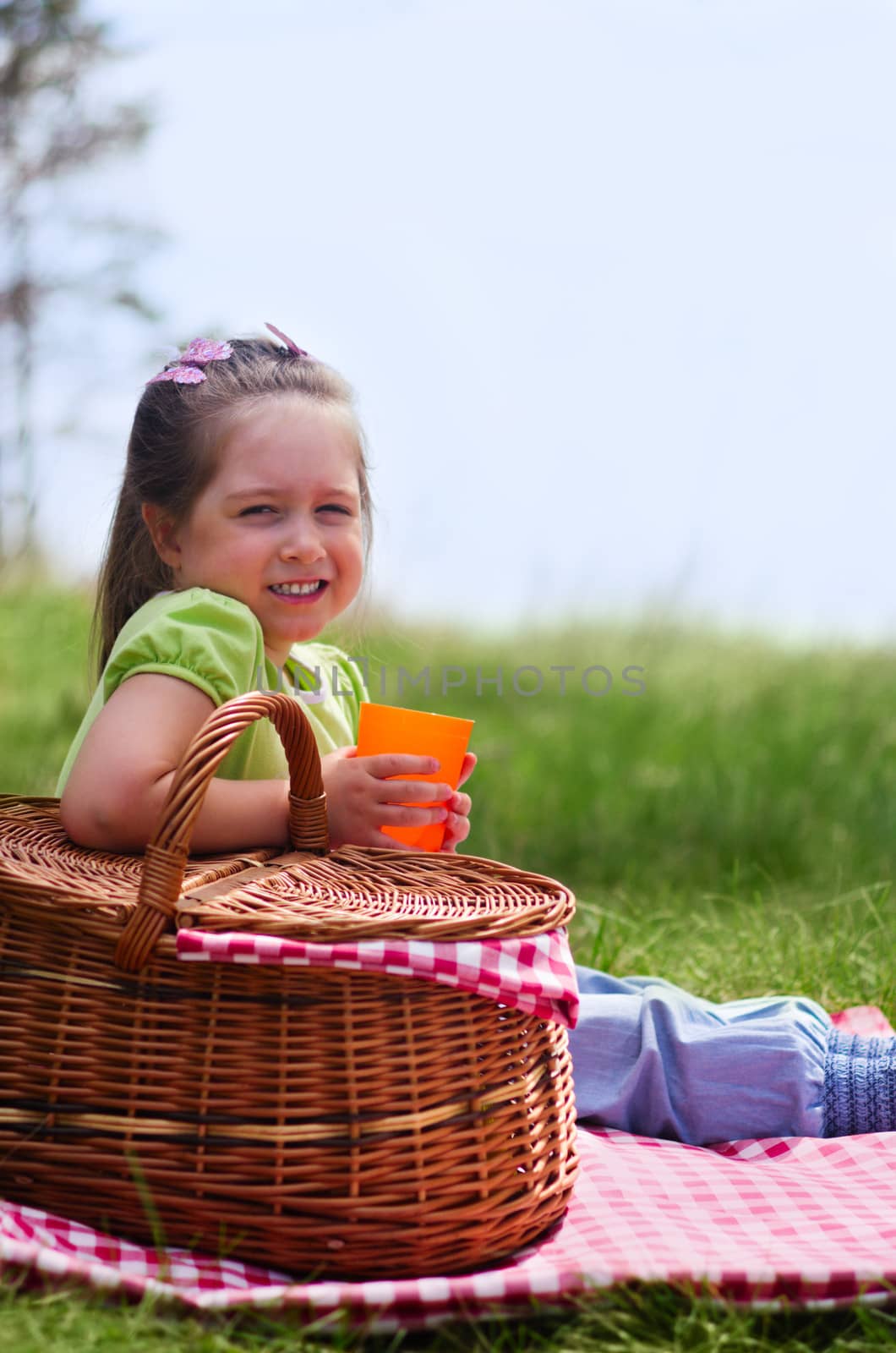 Little girl with picnic basket and plastic cup by rbv