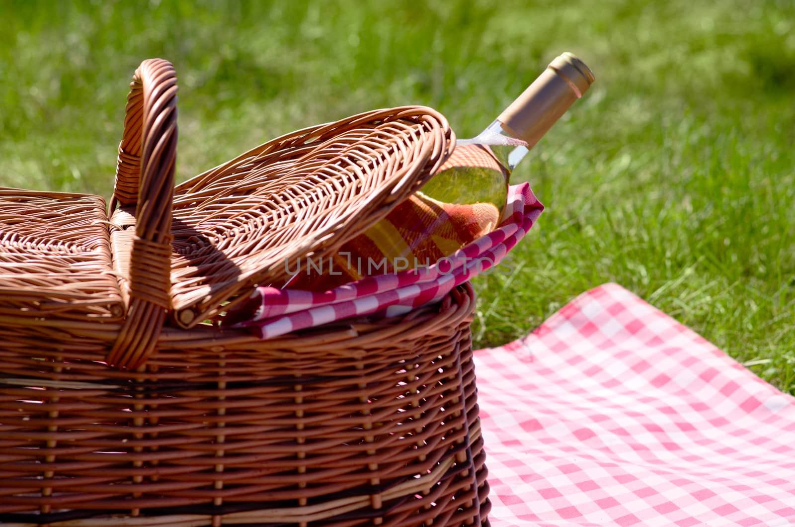 Wine bottle in picnic basket