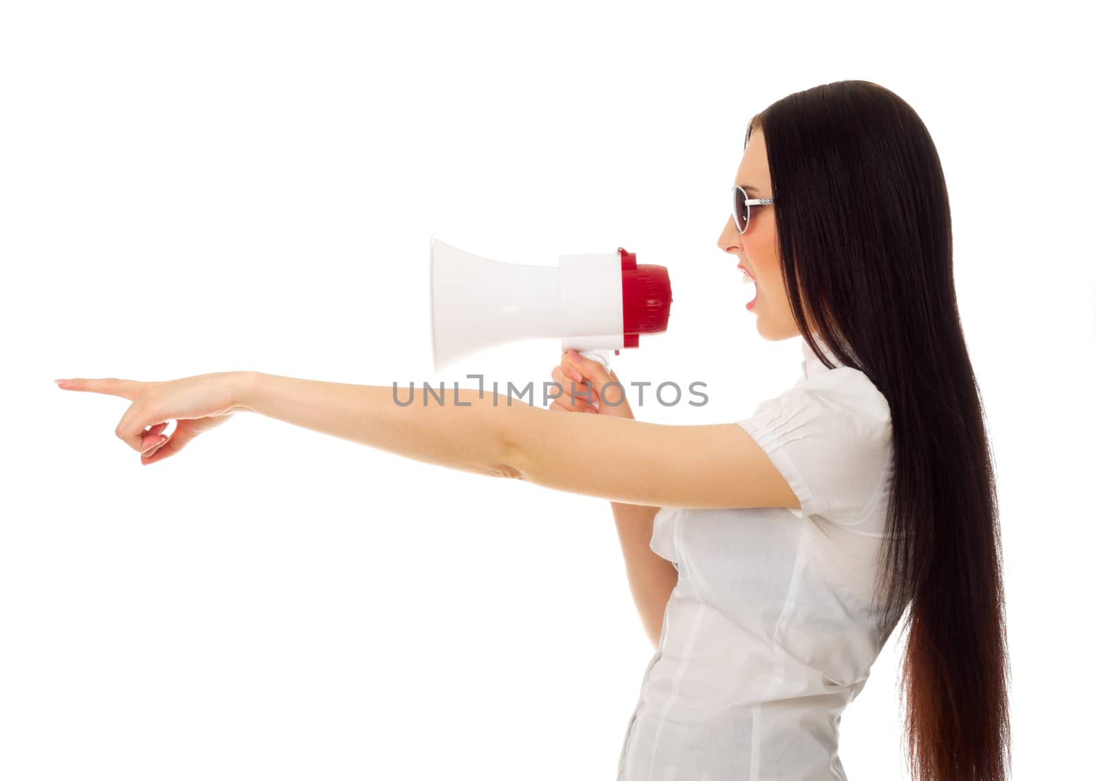 Girl with megaphone shows pointing gesture isolated