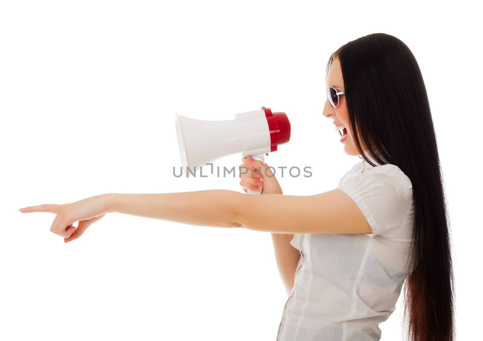Young girl with megaphone isolated