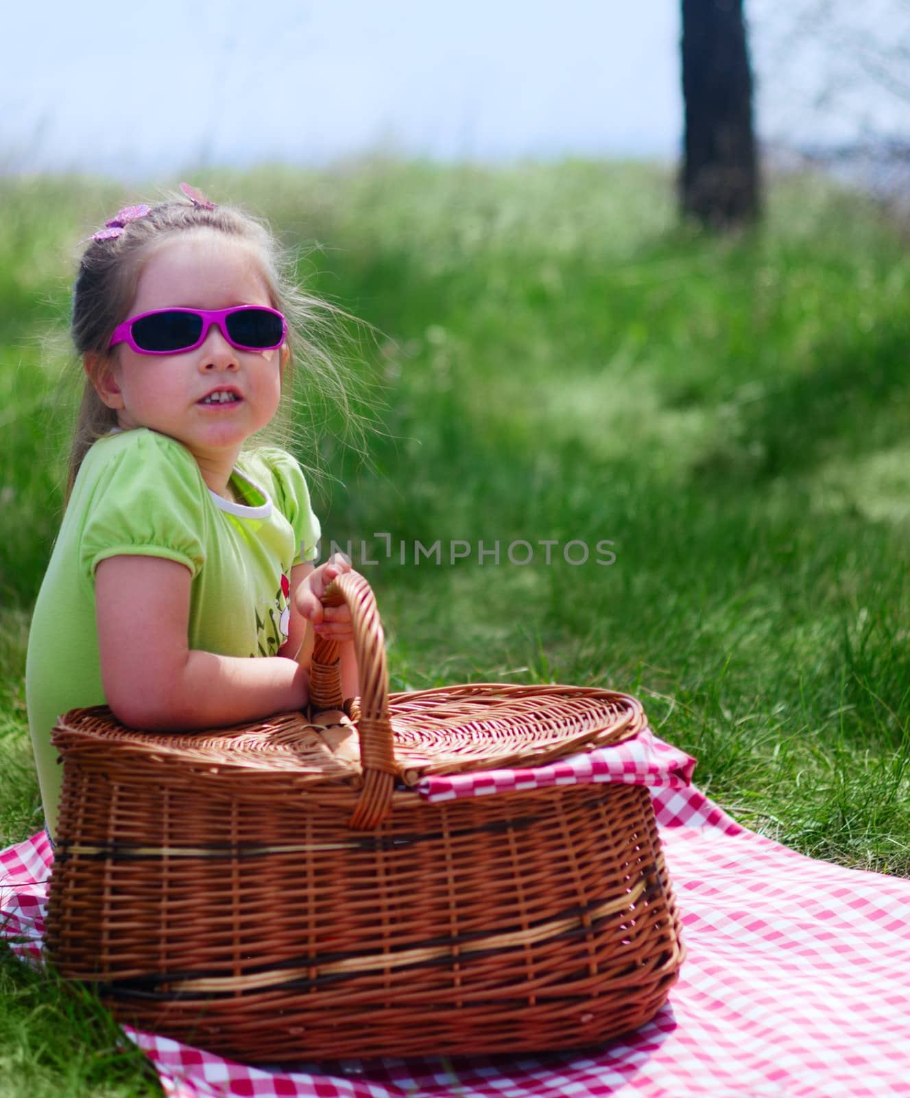 Little girl with picnic basket at forest