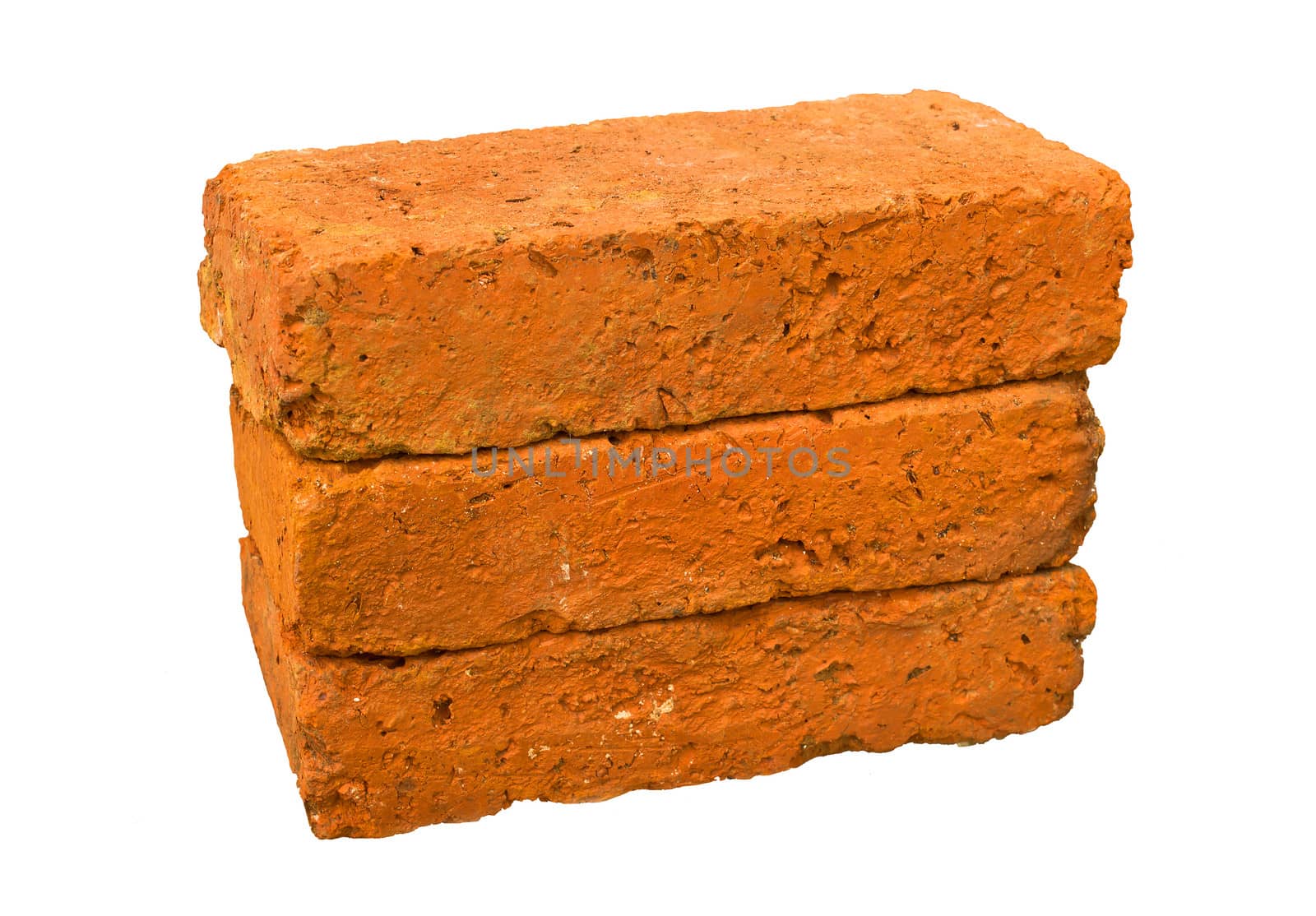 Stack of old red bricks isolated on white background