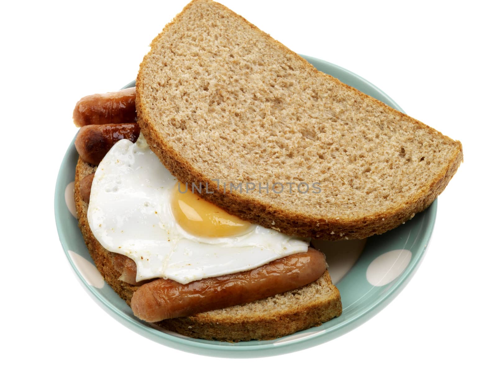 Sausage and Fried Egg Breakfast Sandwich Isolated White Background
